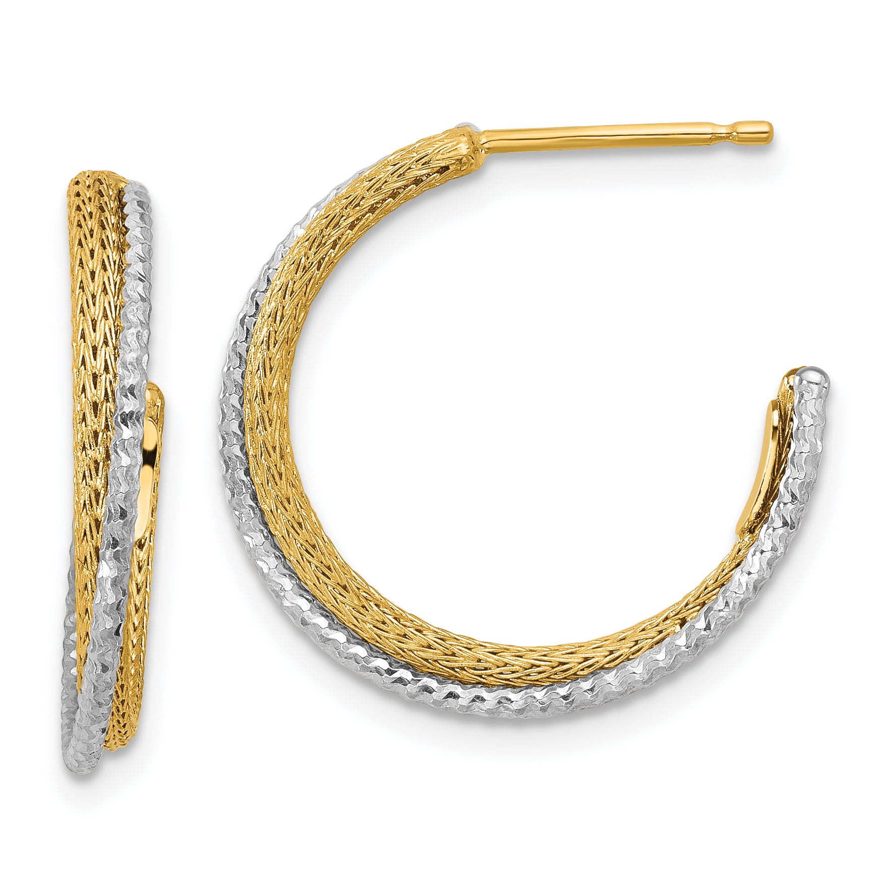 14K w/Rhodium Polished/Textured/Dia-cut J-Hoop Earrings Main image