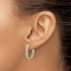 14K w/Rhodium Polished/Textured/Dia-cut J-Hoop Earrings