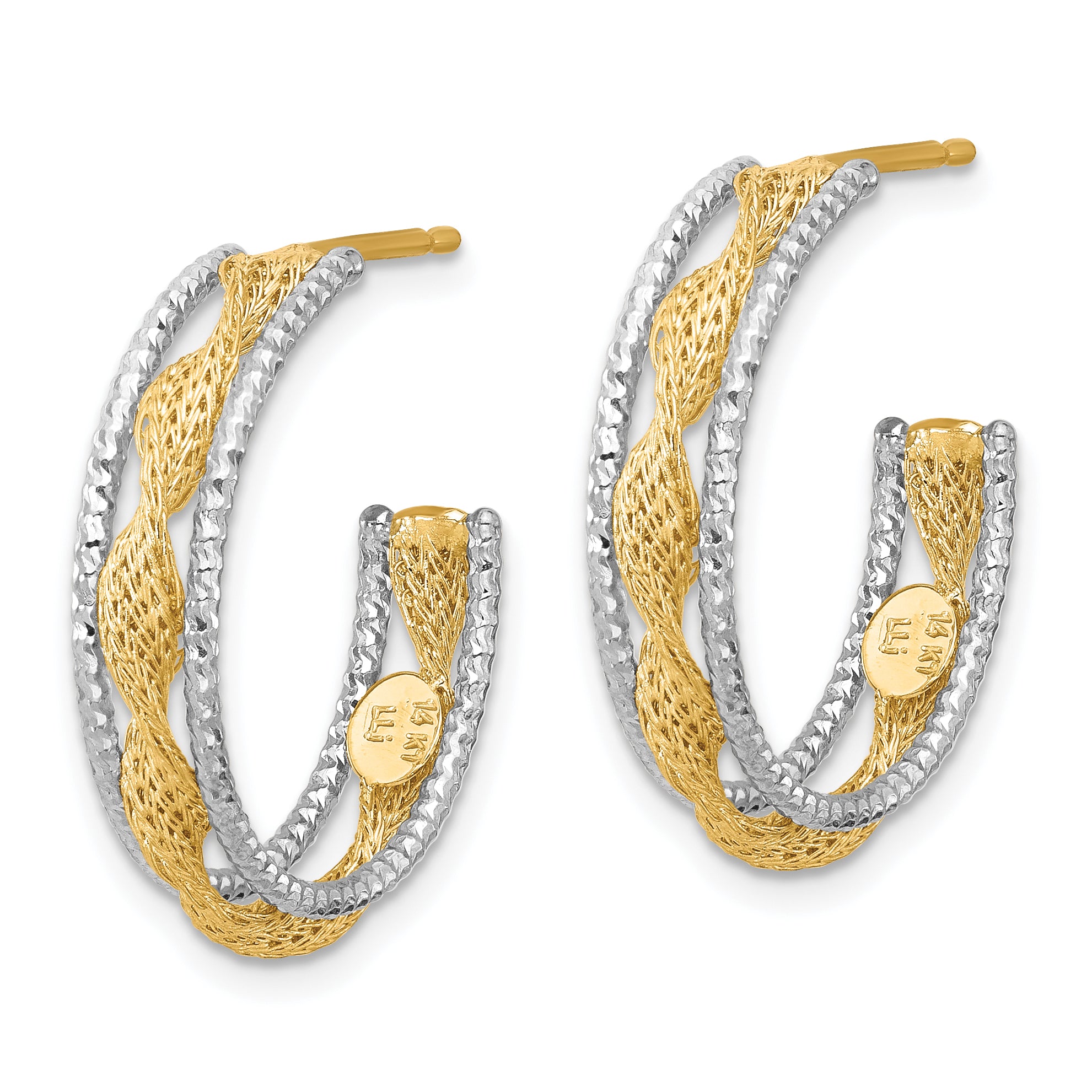 14K w/Rhodium Polished/Textured/Dia-cut Twist J-Hoop Earrings Secondary image