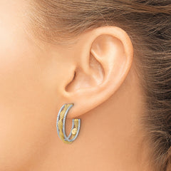 14K w/Rhodium Polished/Textured/Dia-cut Twist J-Hoop Earrings