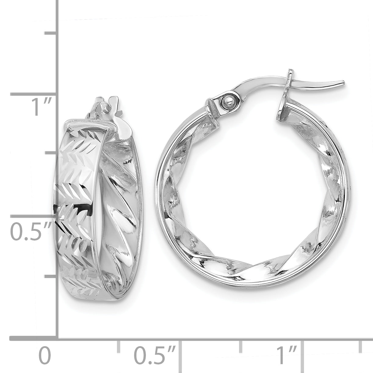 14k w/ White Rhodium Plating Polished and D/C Hoop Earrings