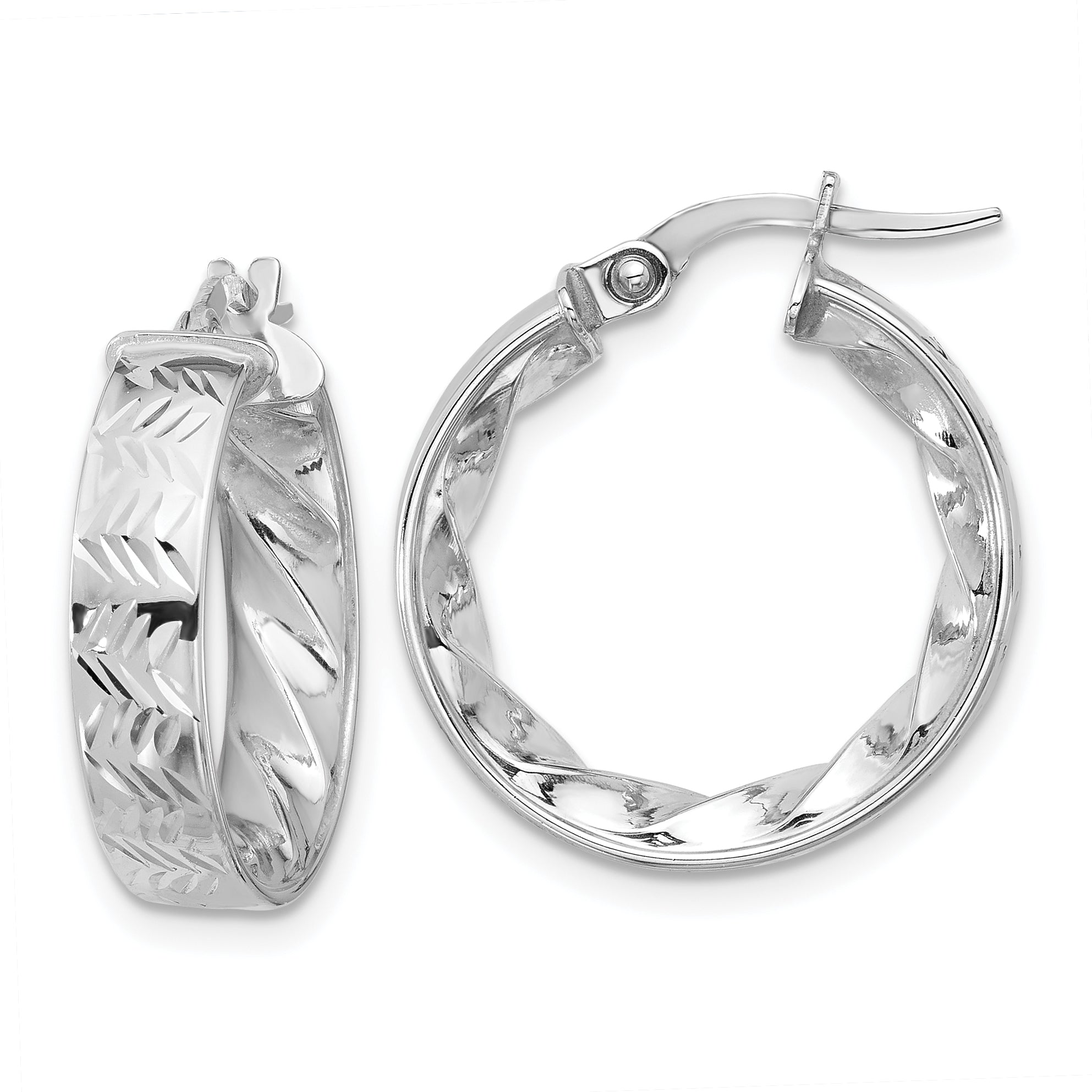 14k w/ White Rhodium Plating Polished and D/C Hoop Earrings Main image