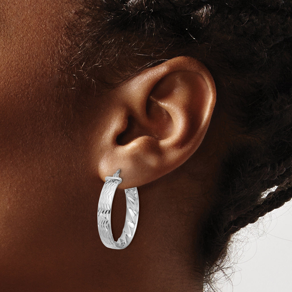 14k w/ White Rhodium Plating Polished and D/C Hoop Earrings