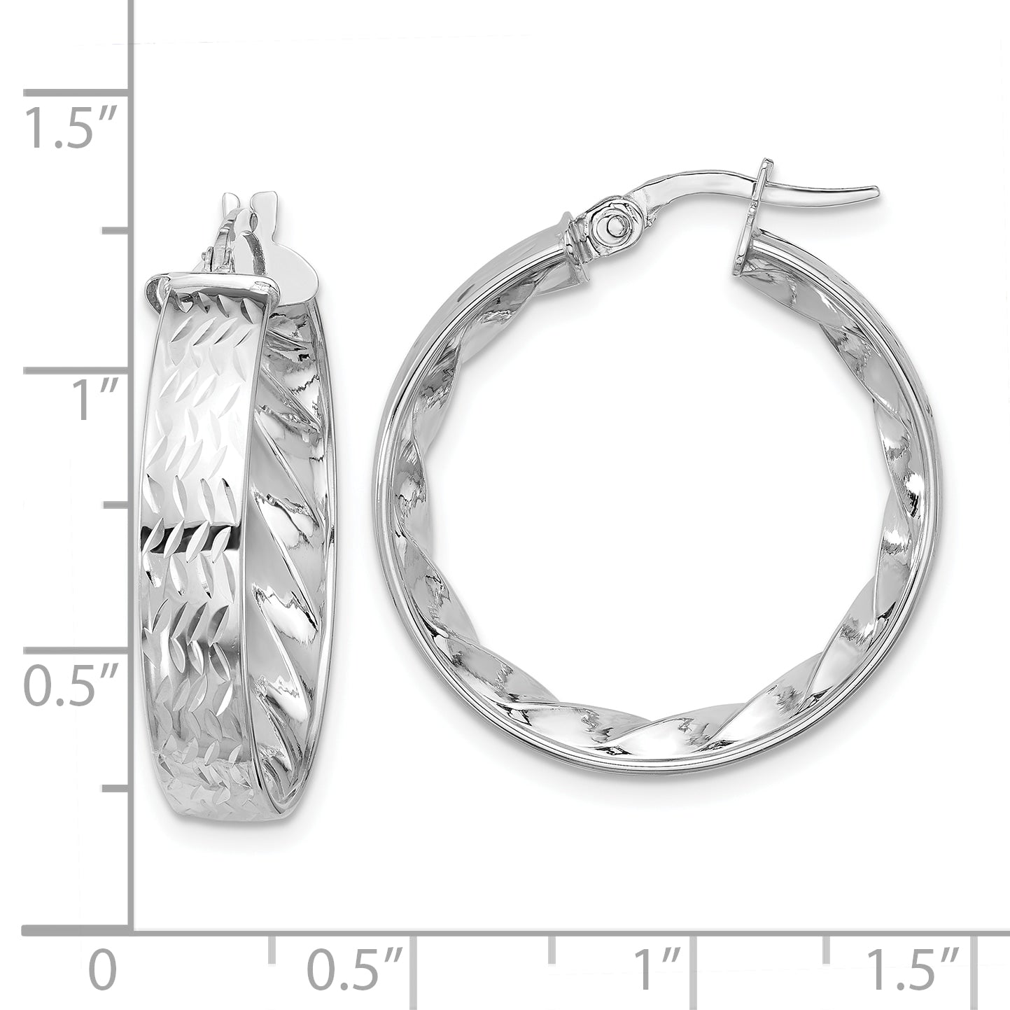 14k w/ White Rhodium Plating Polished and D/C Hoop Earrings