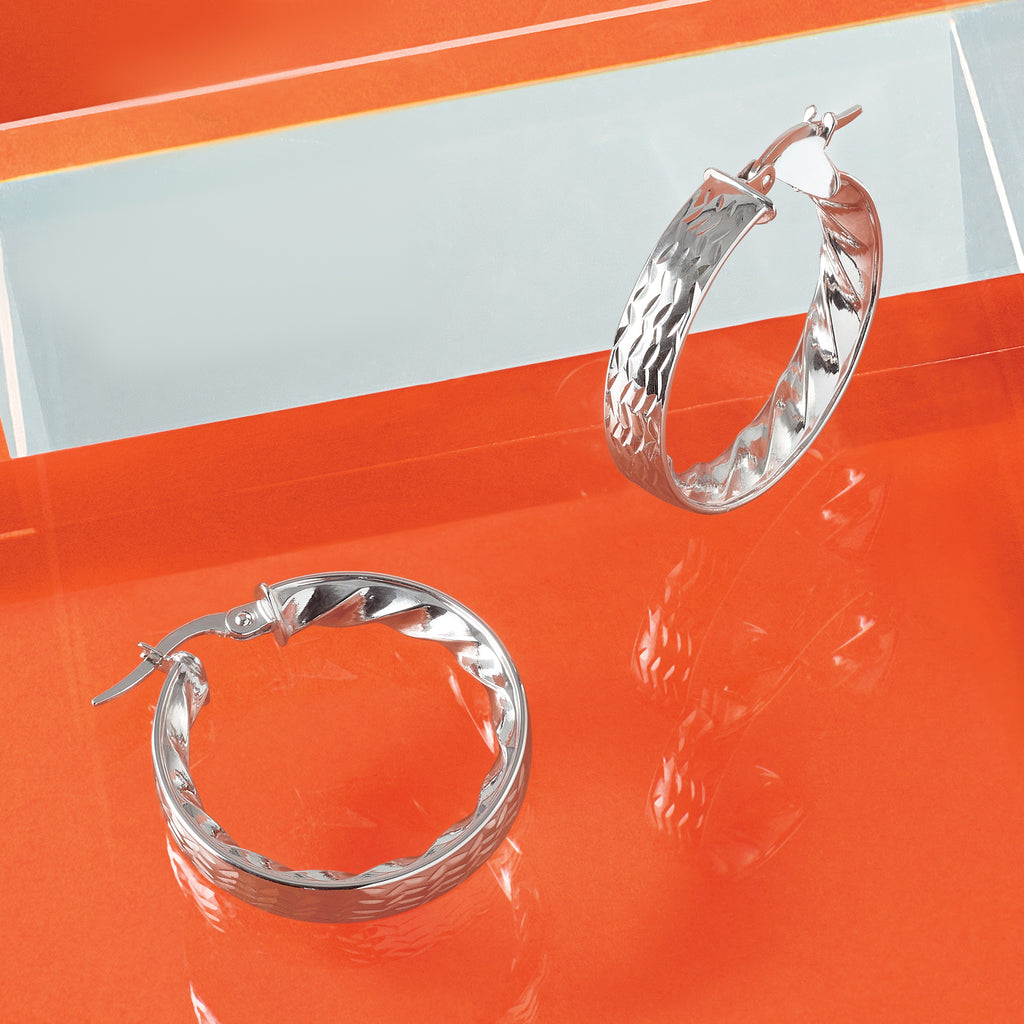 14k w/ White Rhodium Plating Polished and D/C Hoop Earrings