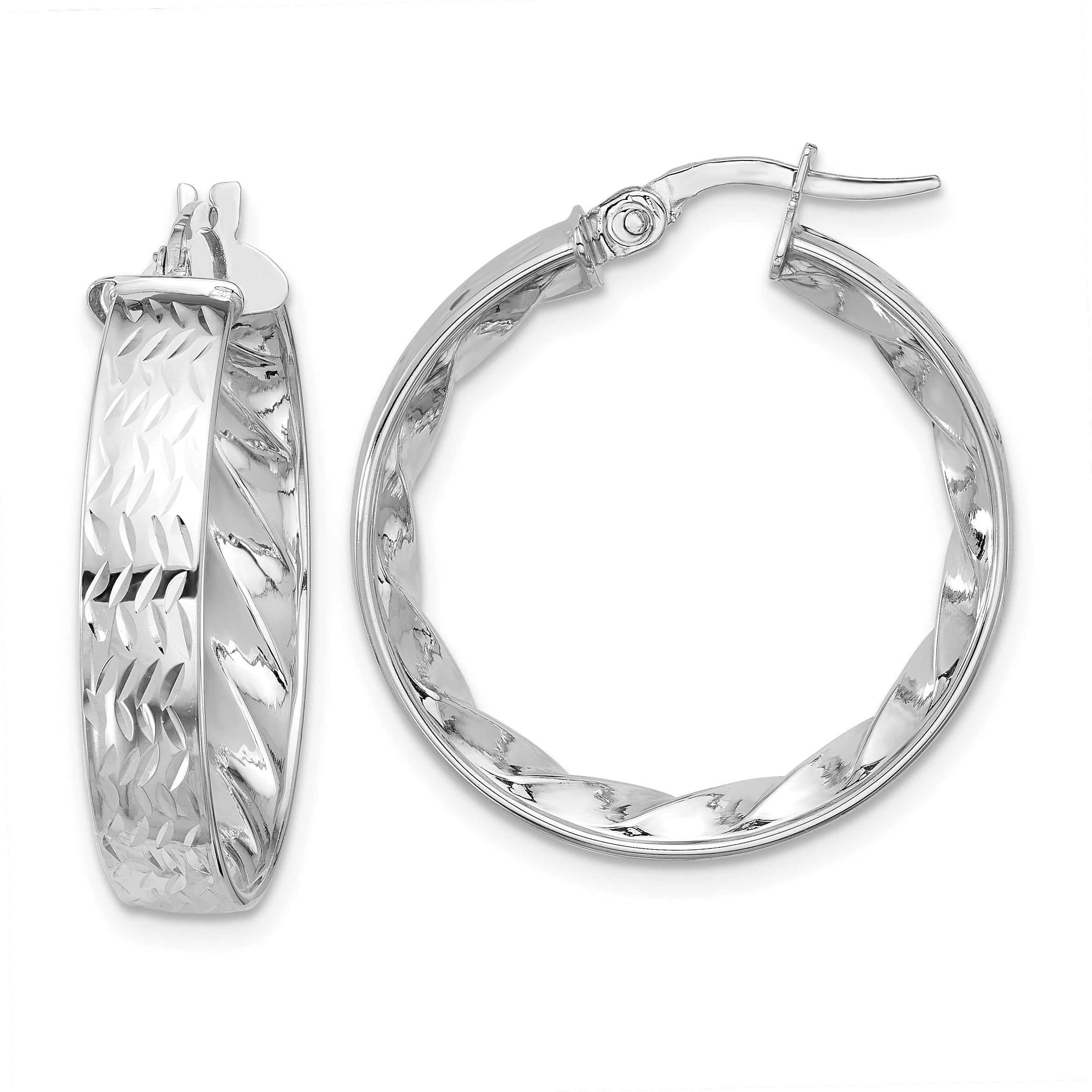 14k w/ White Rhodium Plating Polished and D/C Hoop Earrings Main image