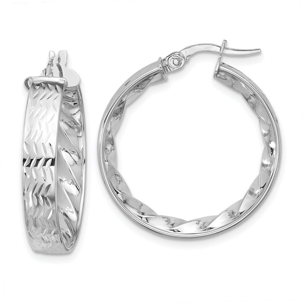 14k w/ White Rhodium Plating Polished and D/C Hoop Earrings