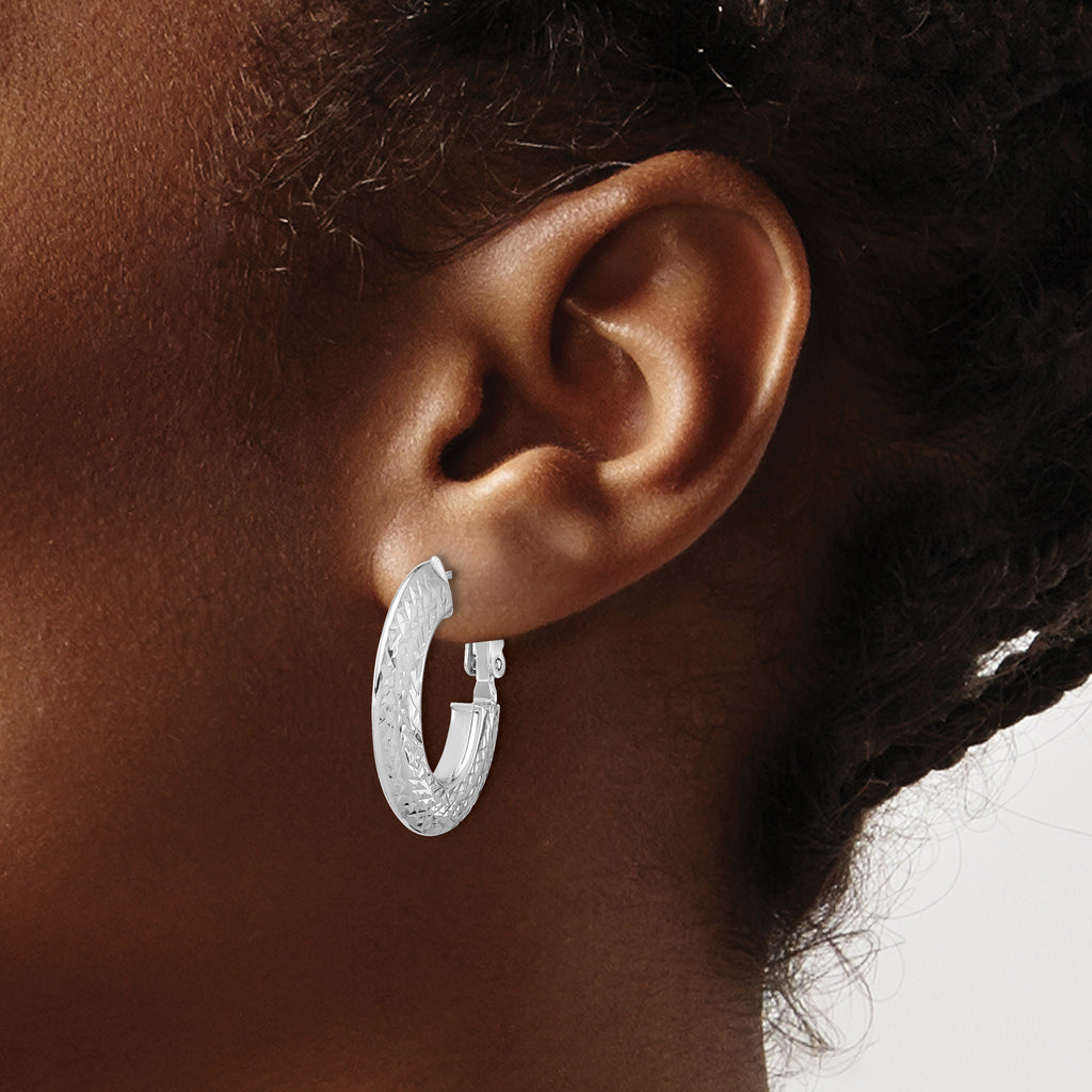 14k with White Rhodium Plating Polished and Diamond-cut Omega Back Hoop Earrings