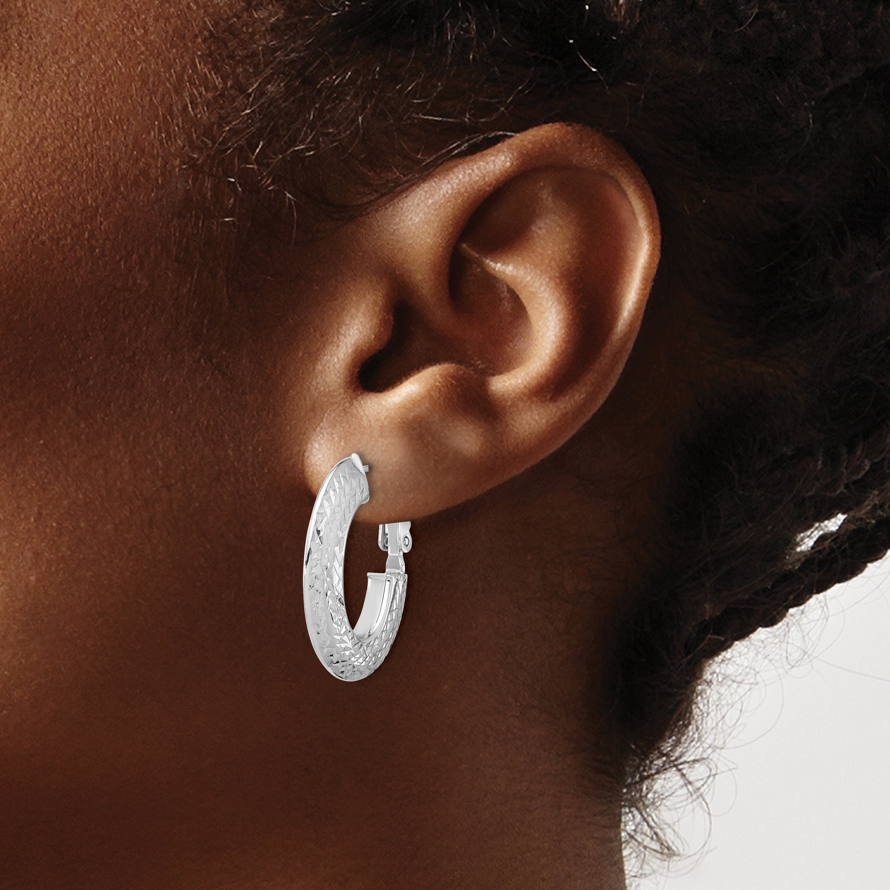 14k with White Rhodium Plating Polished and Diamond-cut Omega Back Hoop Earrings