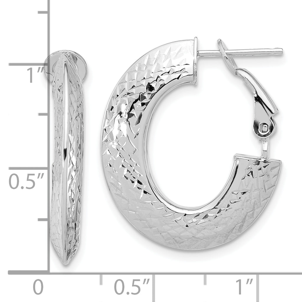 14k with White Rhodium Plating Polished and Diamond-cut Omega Back Hoop Earrings