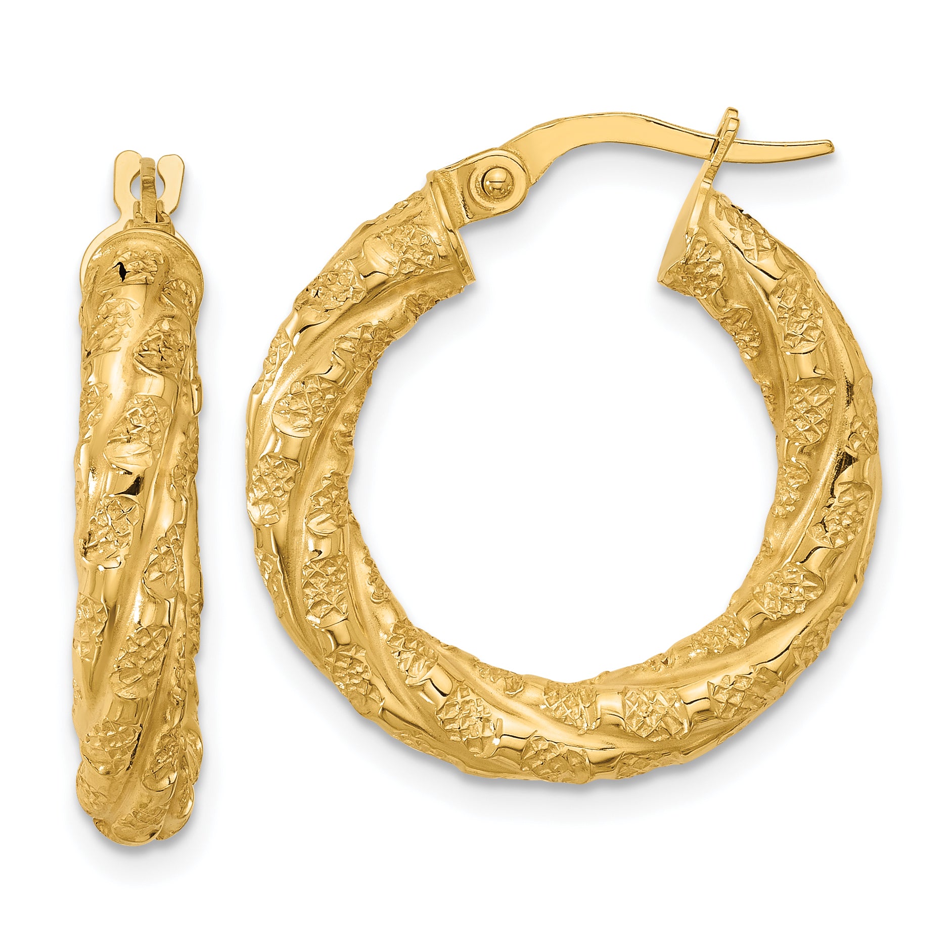 14k Polished and Textured Twisted Tube Hoop Earrings Main image