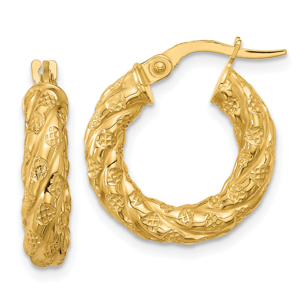 14k Polished and Textured Twisted Tube Hoop Earrings