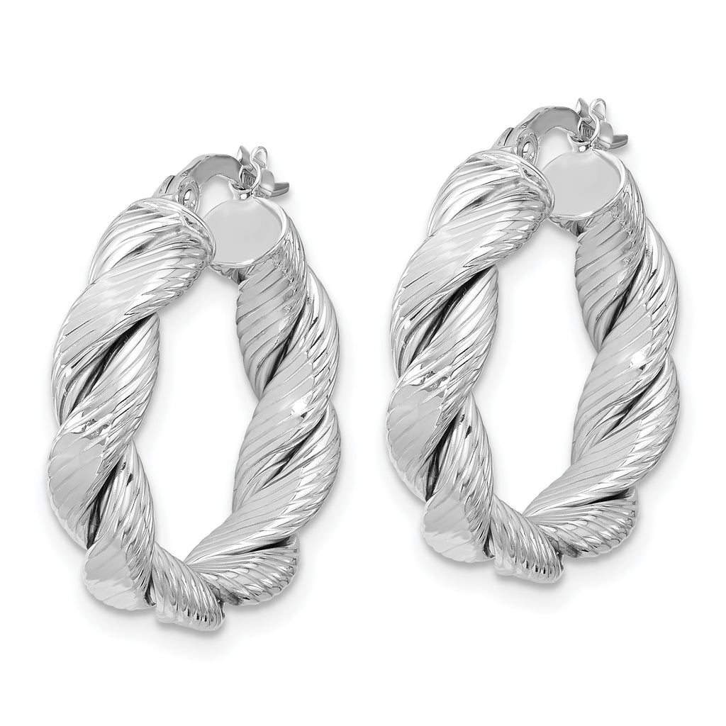 14k with White Rhodium Plating Polished and Textured Twisted Hoop Earrings