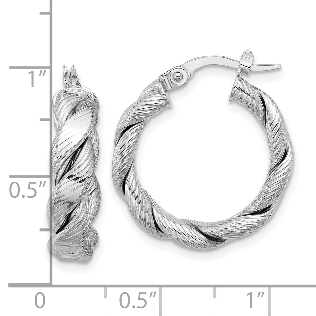 14k with White Rhodium Plating Polished and Textured Twisted Hoop Earrings