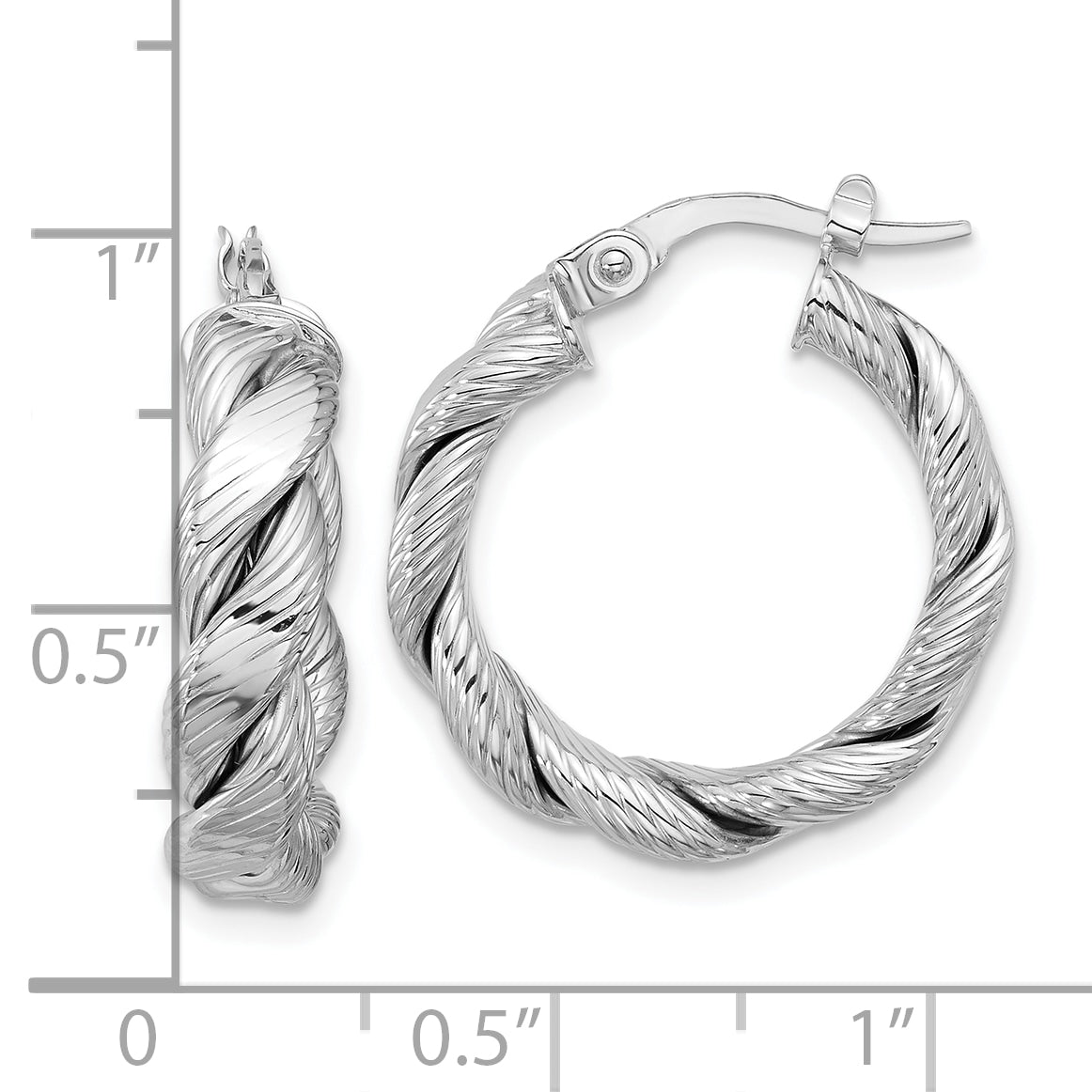 14k with White Rhodium Plating Polished and Textured Twisted Hoop Earrings