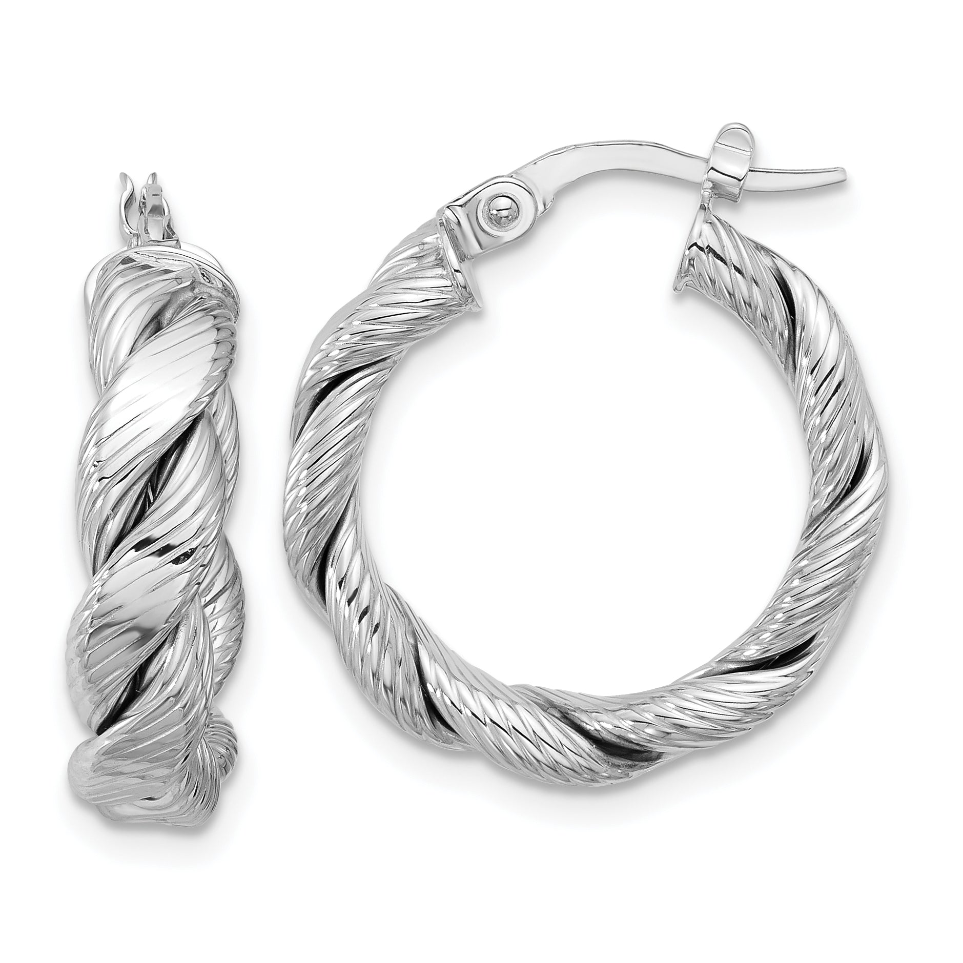 14k with White Rhodium Plating Polished and Textured Twisted Hoop Earrings Main image
