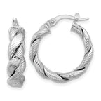 14k with White Rhodium Plating Polished and Textured Twisted Hoop Earrings