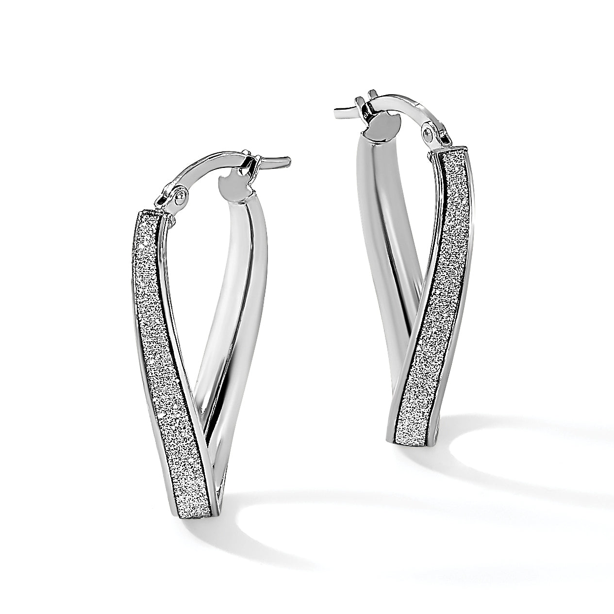 14K White Gold Polished Glimmer Infused Oval Hoop Earrings