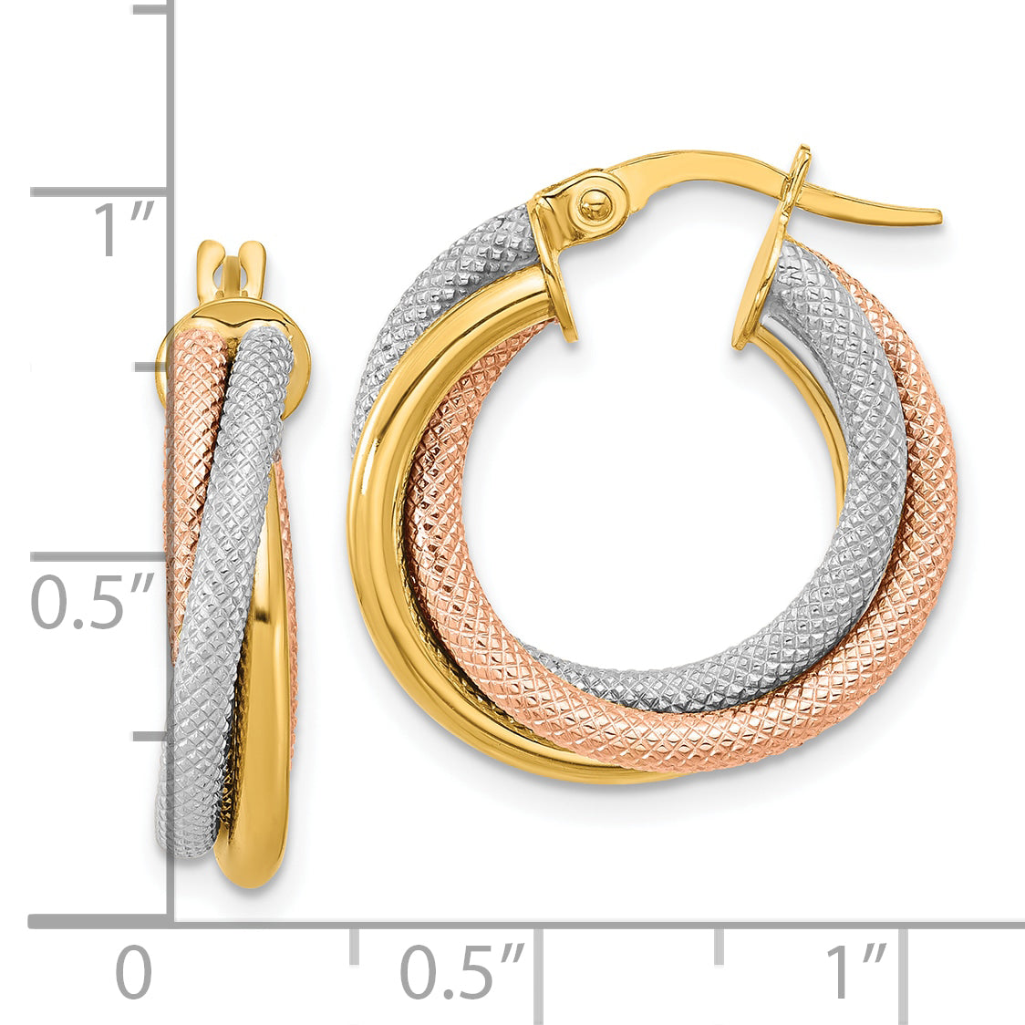 14K with White Rhodium and Rose Gold Plating Twisted Tube Hoop Earrings