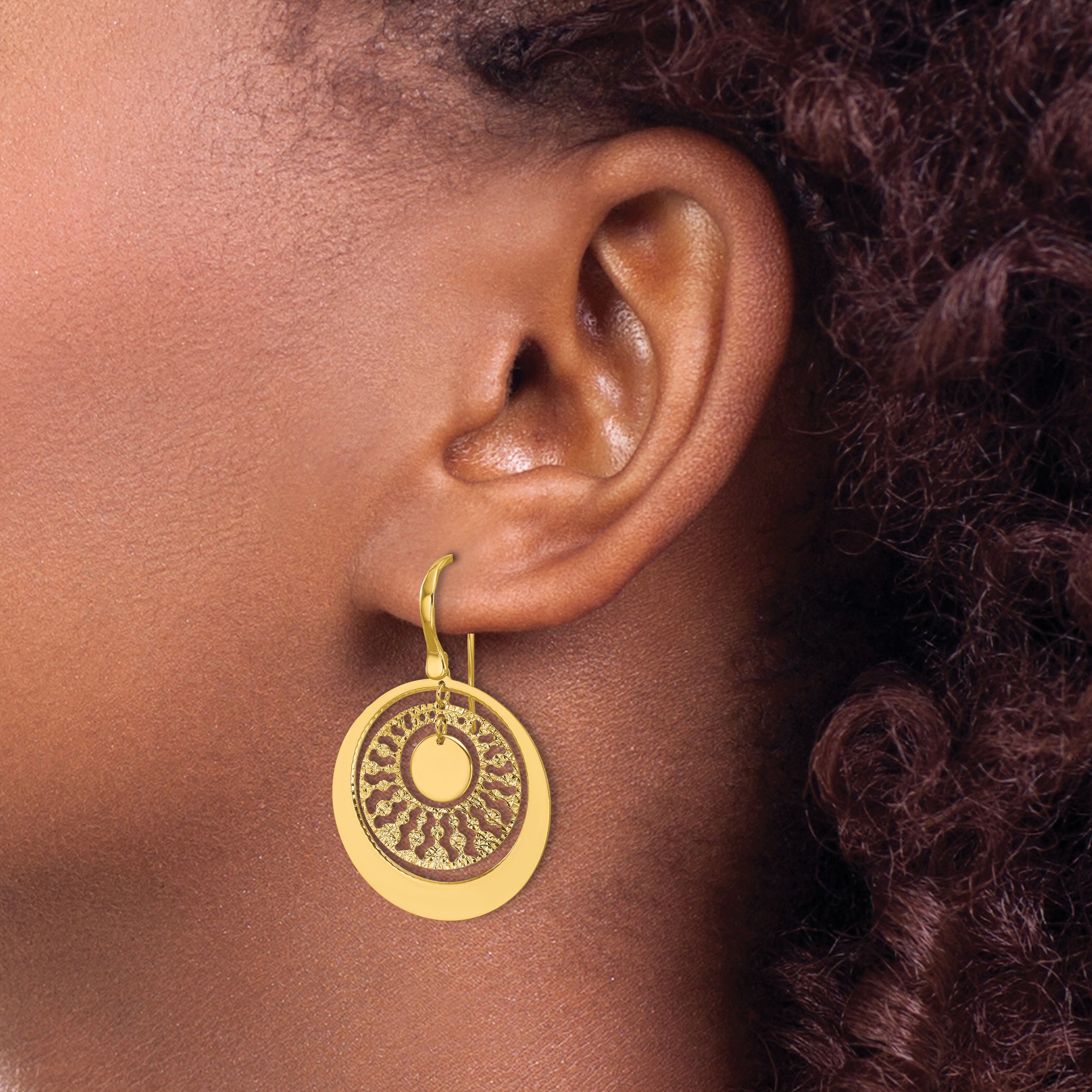 14K Polished and Diamond-cut Circles Dangle Earrings
