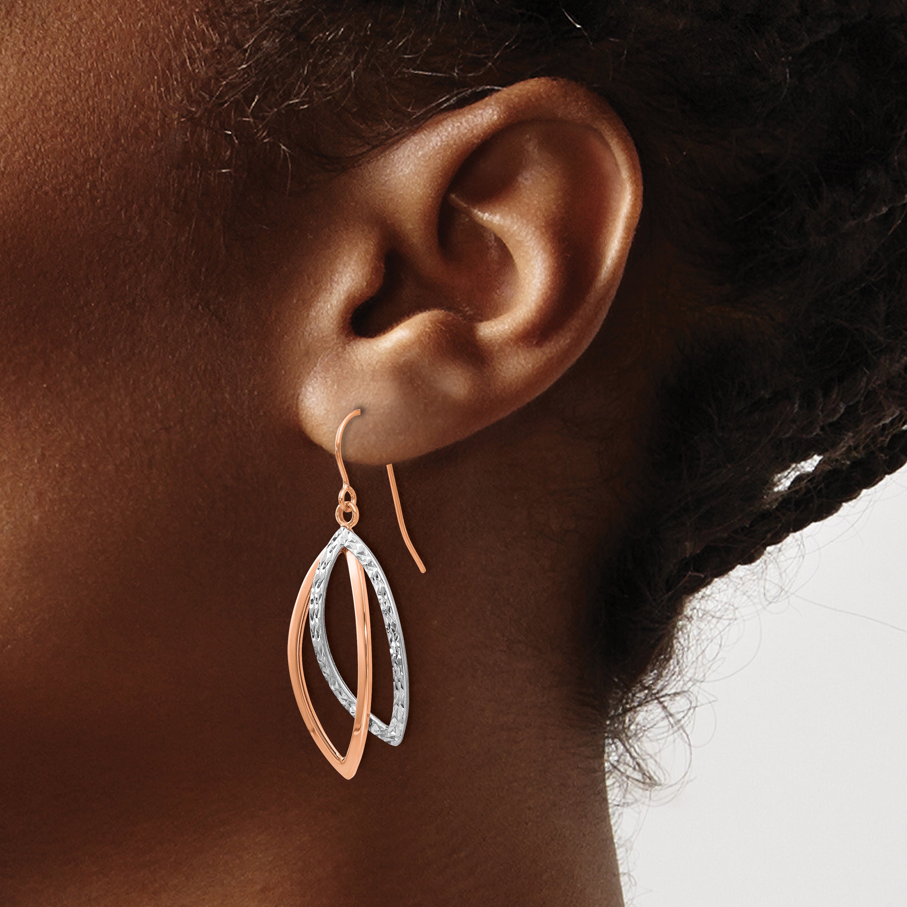 14K Two-tone White/Rose Polish/Textured Wire Dangle Earrings