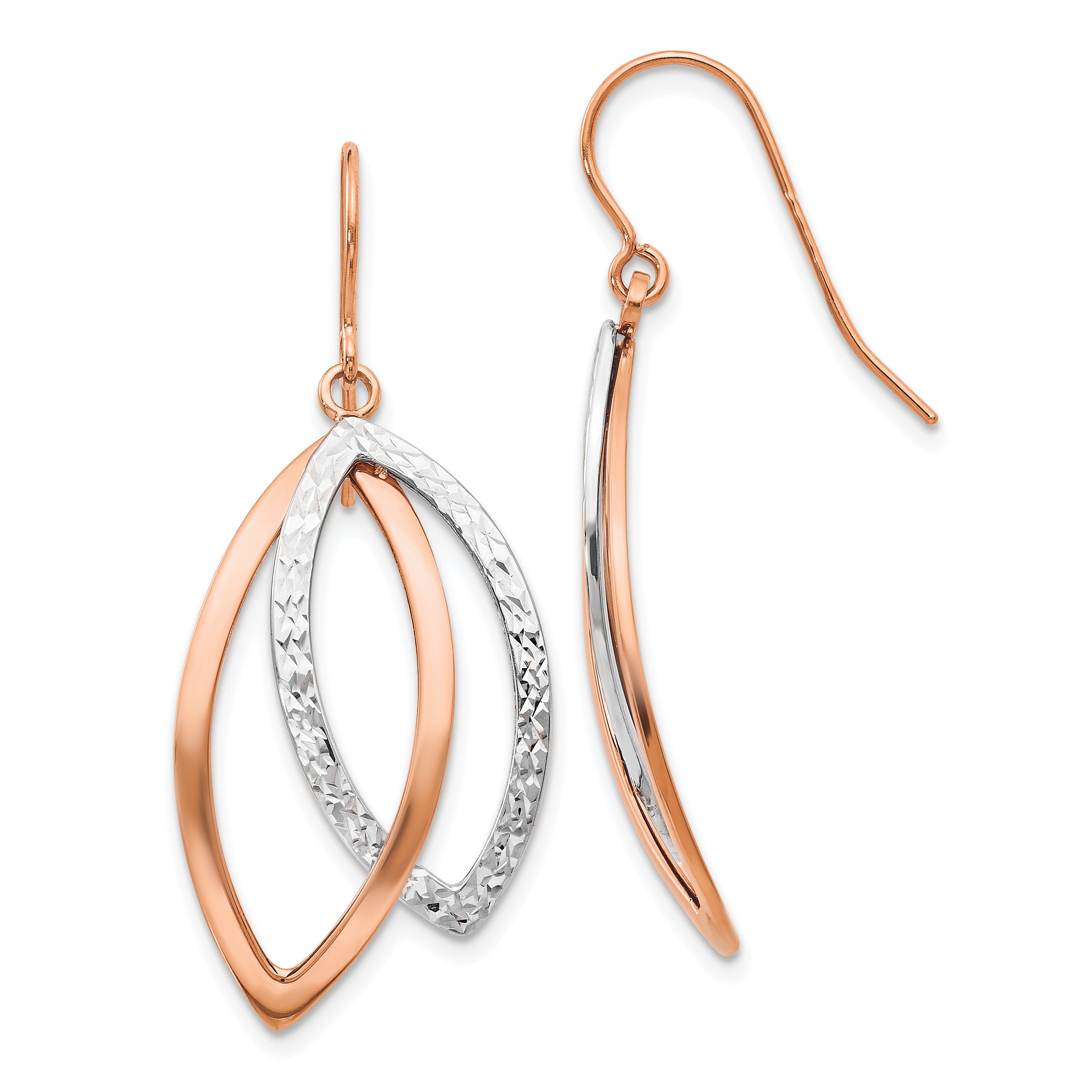 14K Two-tone White/Rose Polish/Textured Wire Dangle Earrings