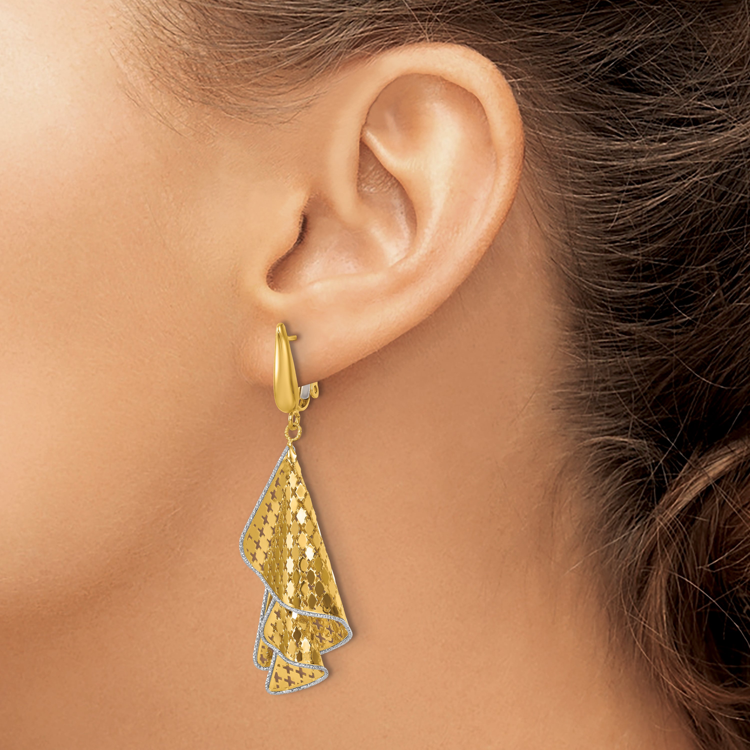 14K Two-tone Polished & D/C Post Omega Dangle Earrings