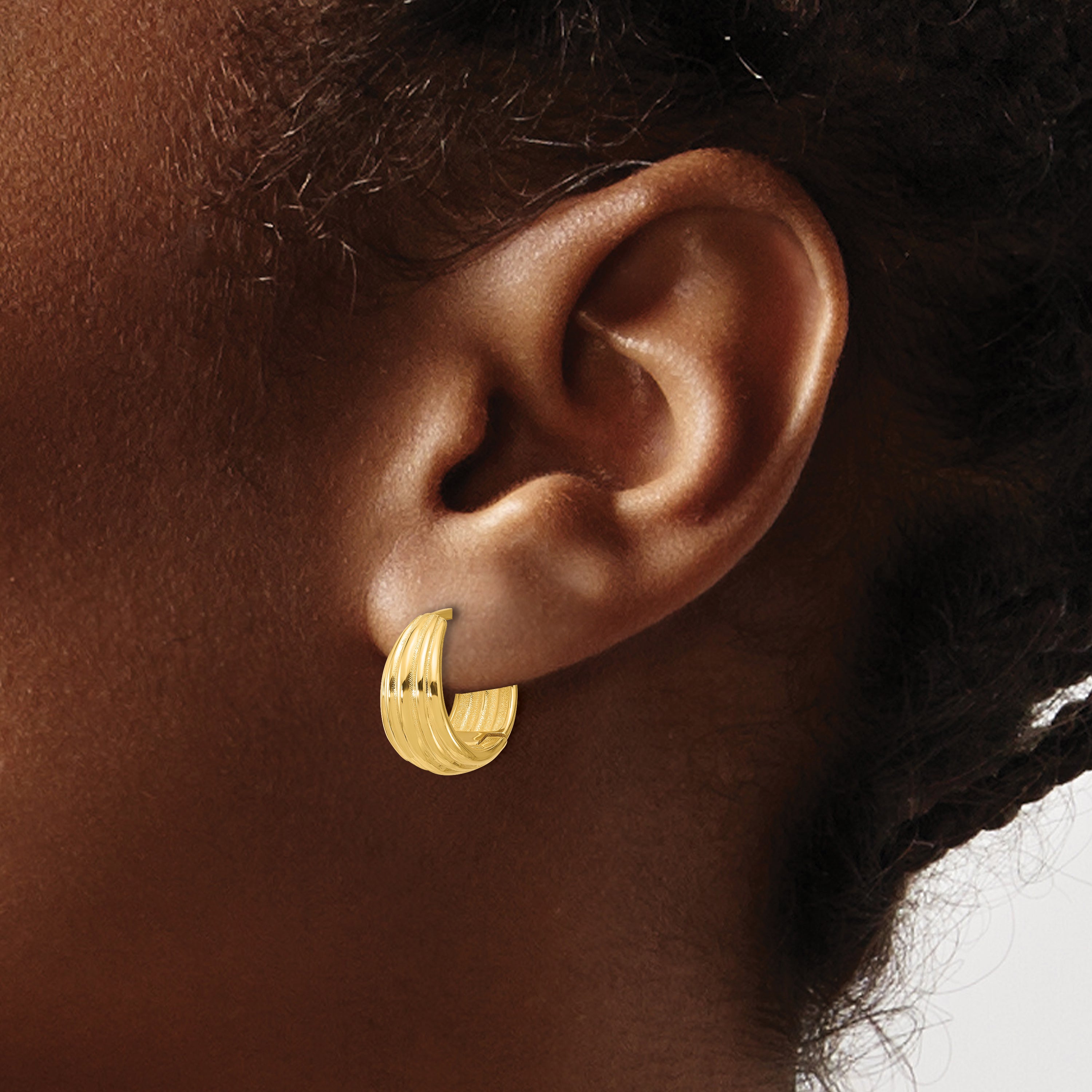 14K Polished/Grooved Round Huggie Hoop Earrings