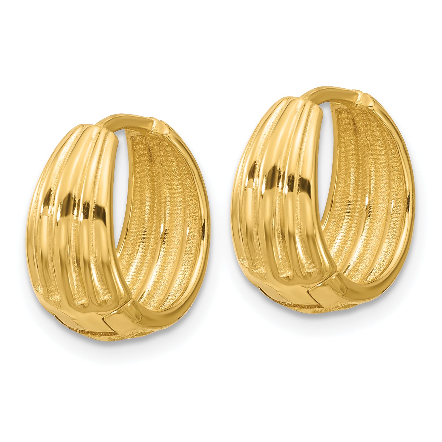 14K Polished/Grooved Round Huggie Hoop Earrings