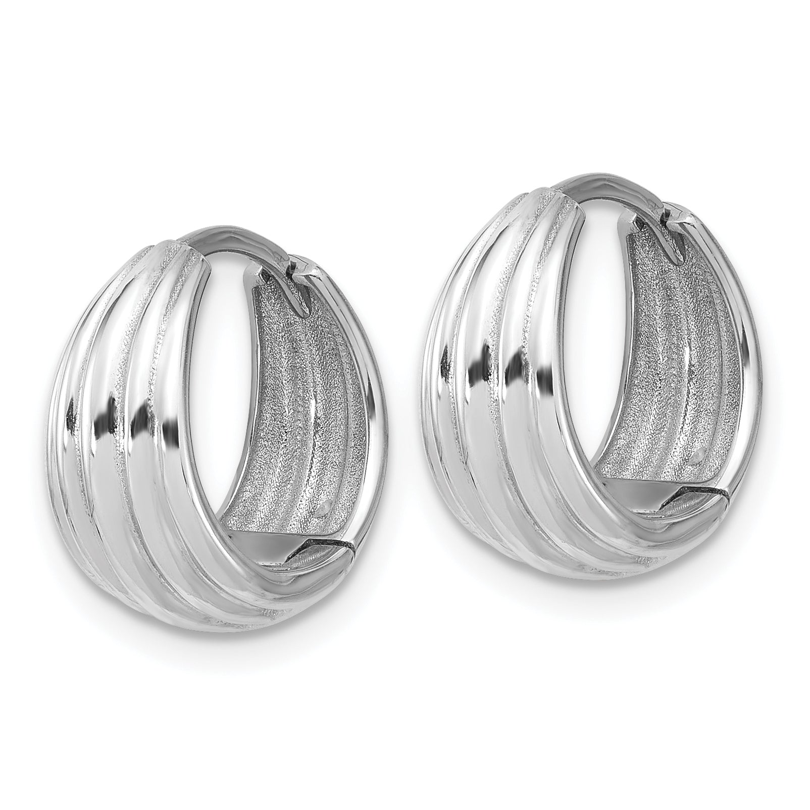 14K WG Polished/Grooved Round Huggie Hoop Earrings Secondary image