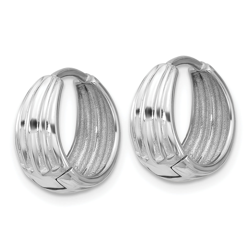 14K WG Polished/Grooved Round Huggie Hoop Earrings