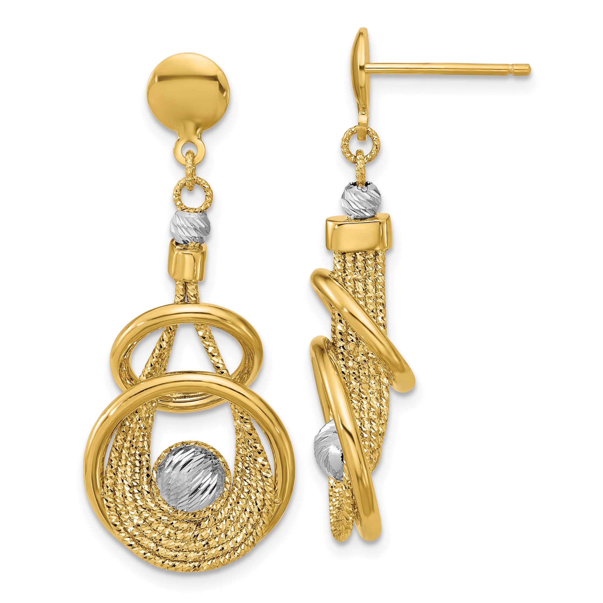 14K TT Polished/Dia-cut Fancy Teardrop Dangle Post Earrings