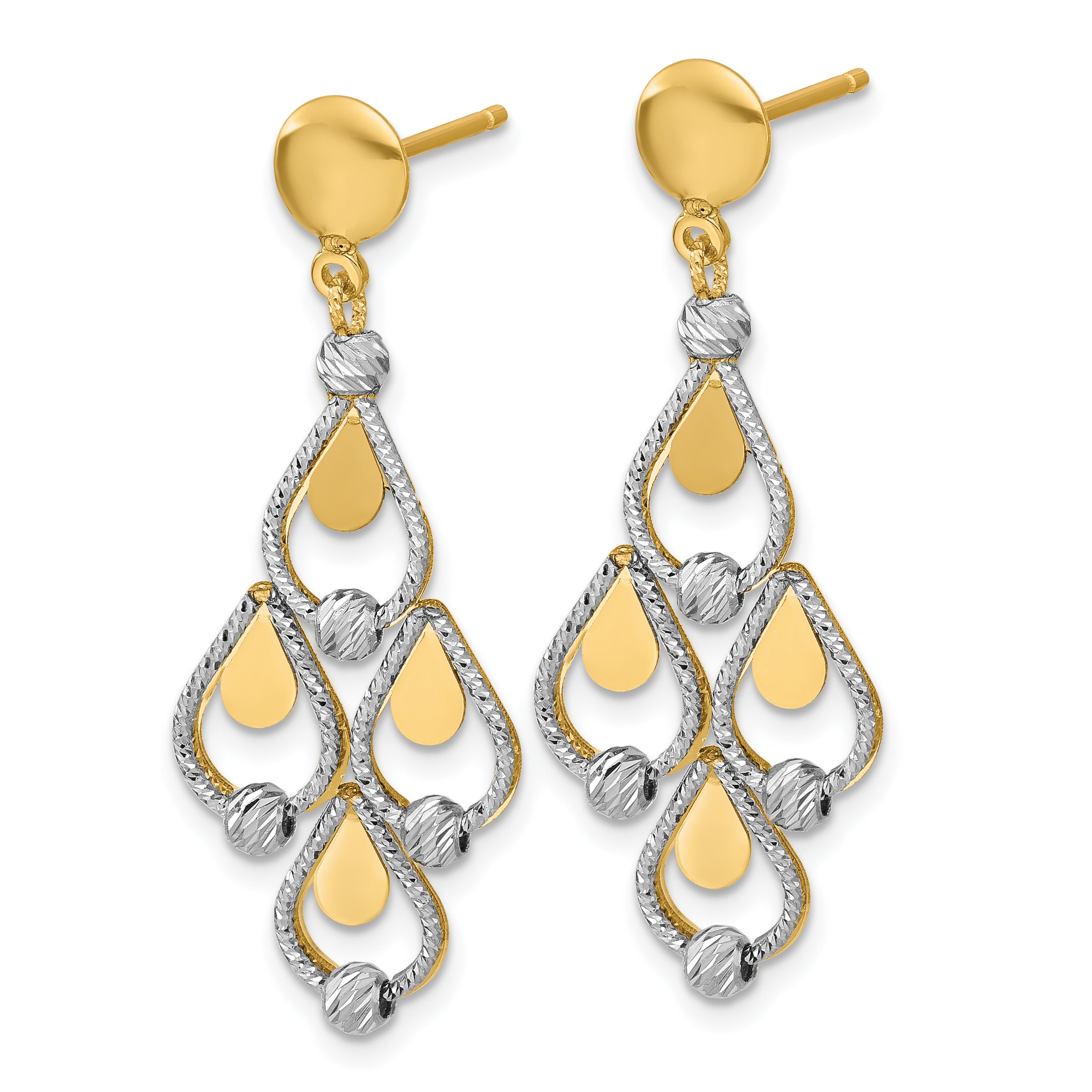 14K TT Polished / Dia-cut Chandelier Dangle Post Earrings