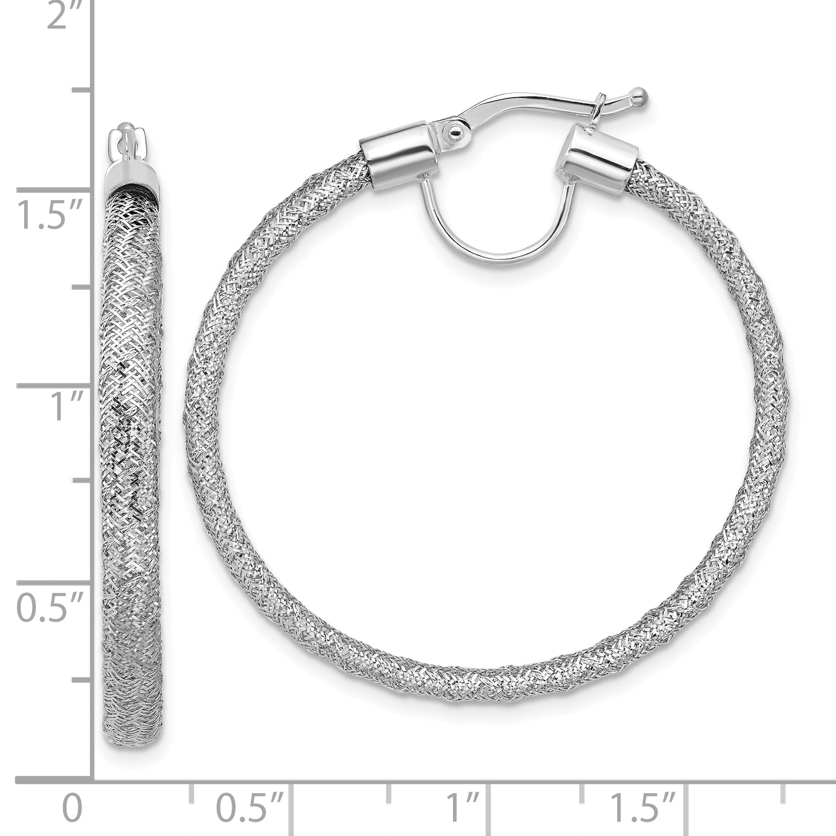 14K w/White RH-Plating Polished Mesh Round Hoop Earrings