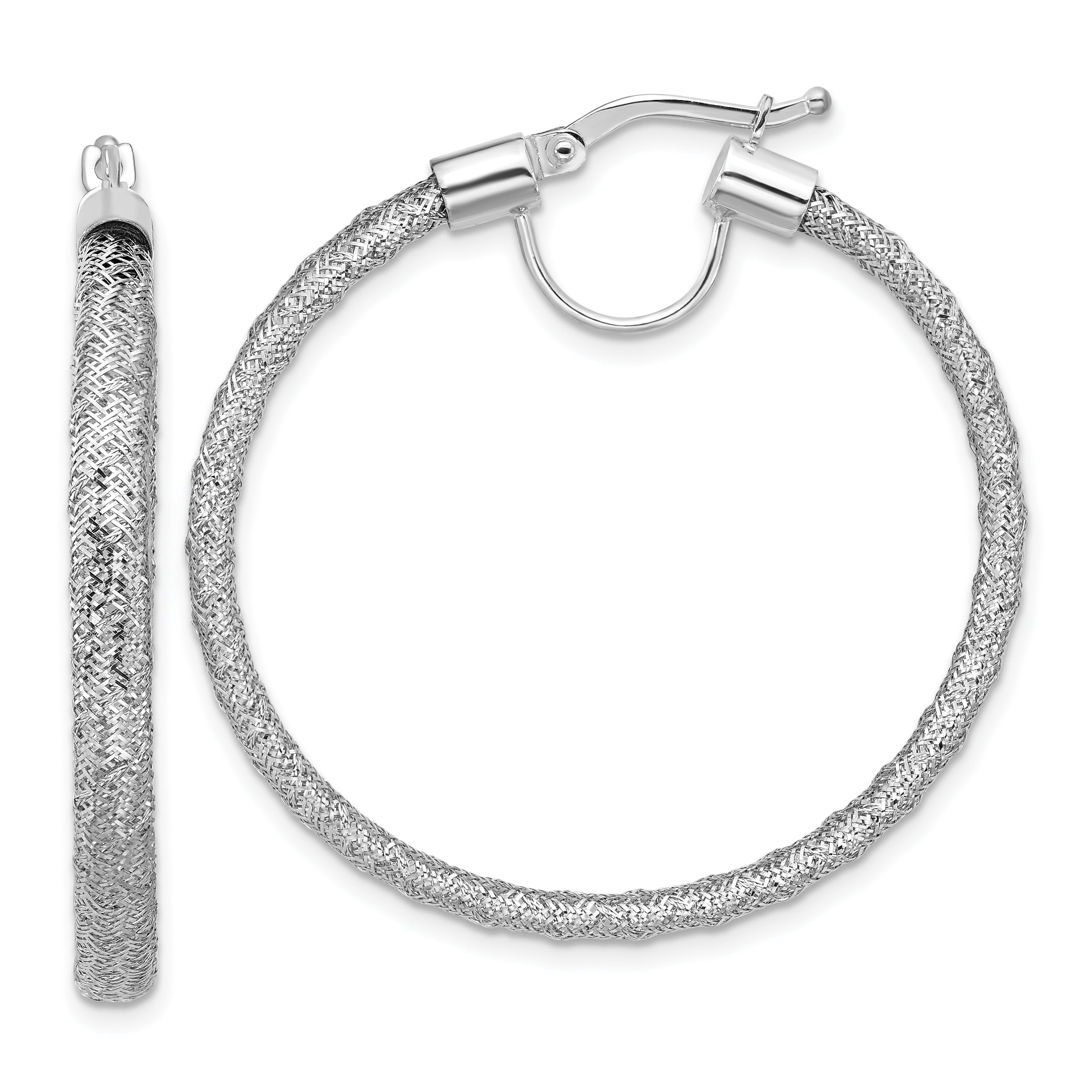 14K w/White RH-Plating Polished Mesh Round Hoop Earrings Main image