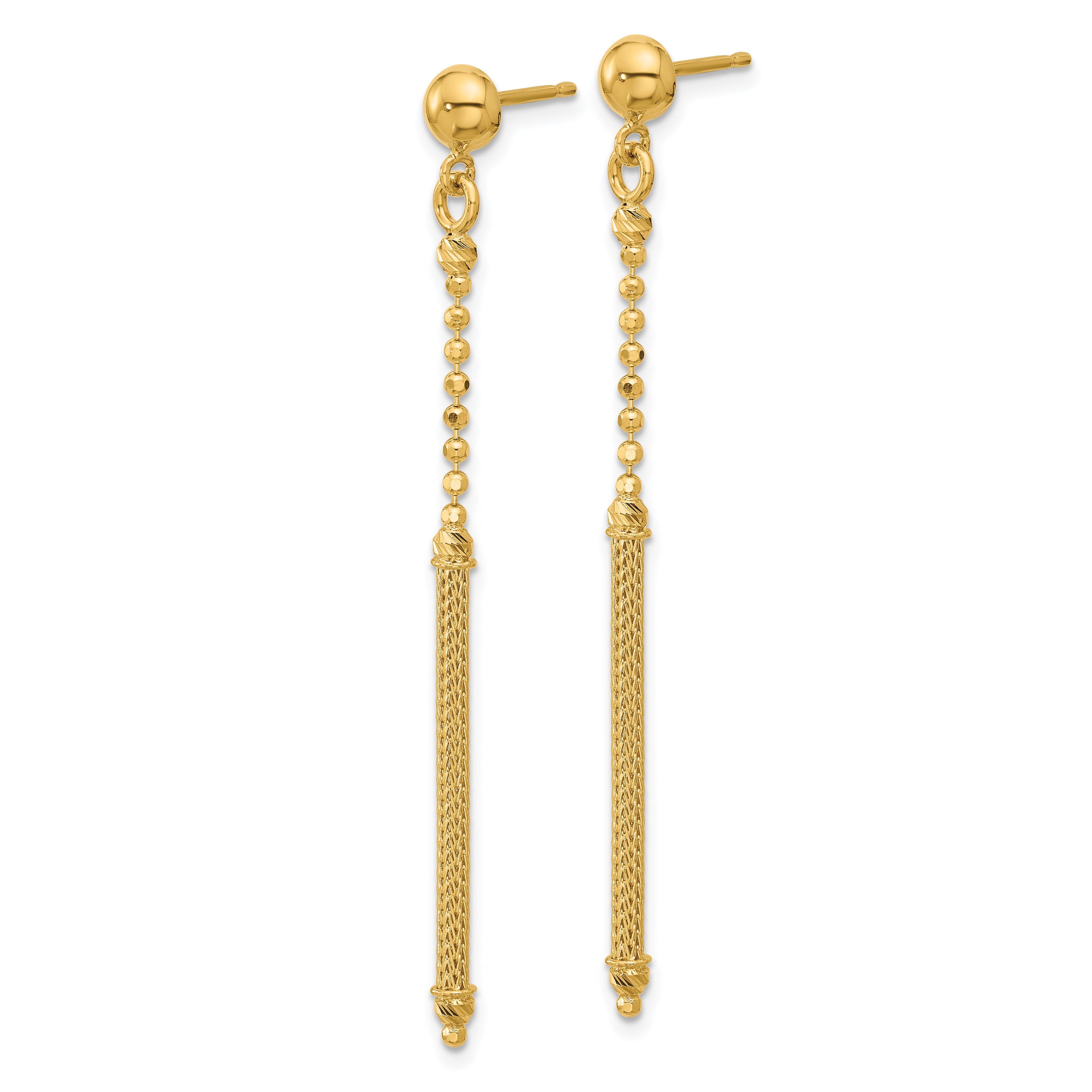 14K Polish/Texture/Dia-cut Bead w/Bar Dangle Post Earrings
