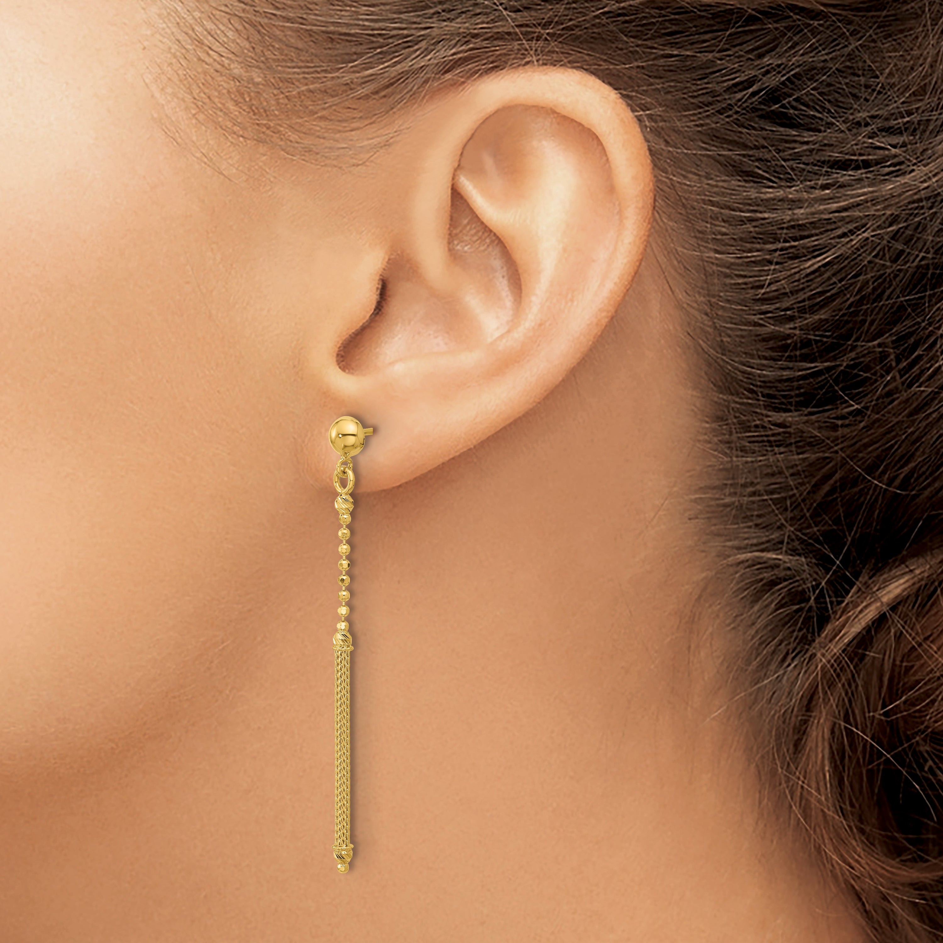 14K Polish/Texture/Dia-cut Bead w/Bar Dangle Post Earrings