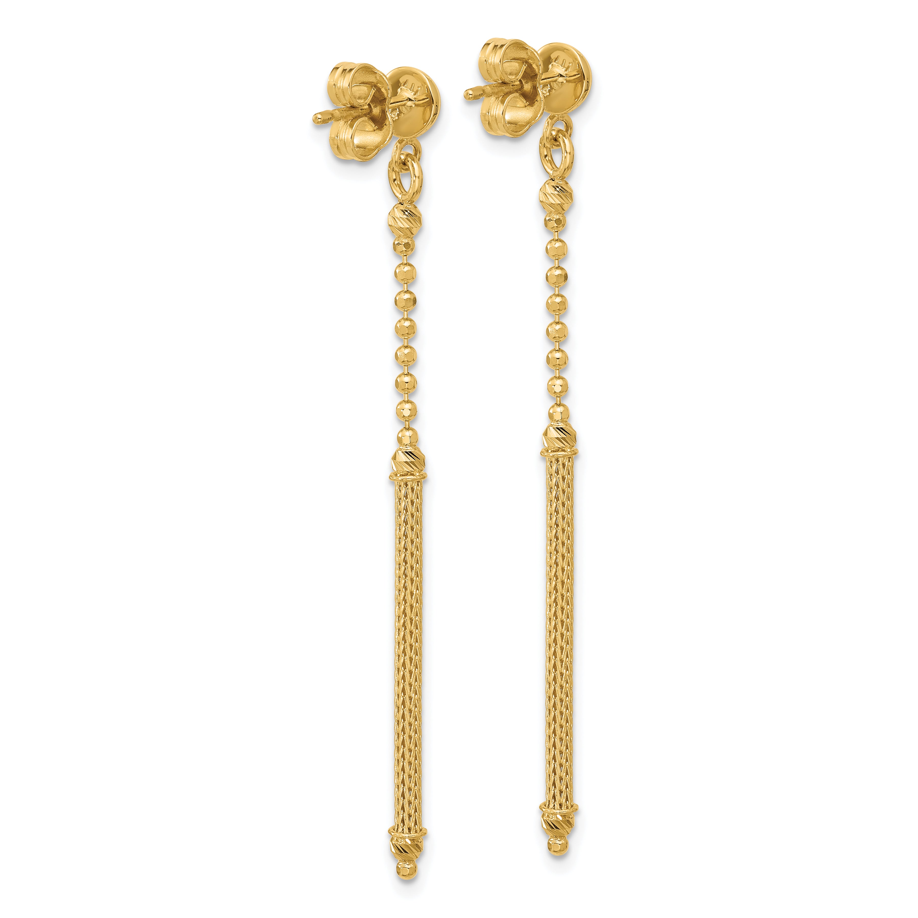 14K Polish/Texture/Dia-cut Bead w/Bar Dangle Post Earrings