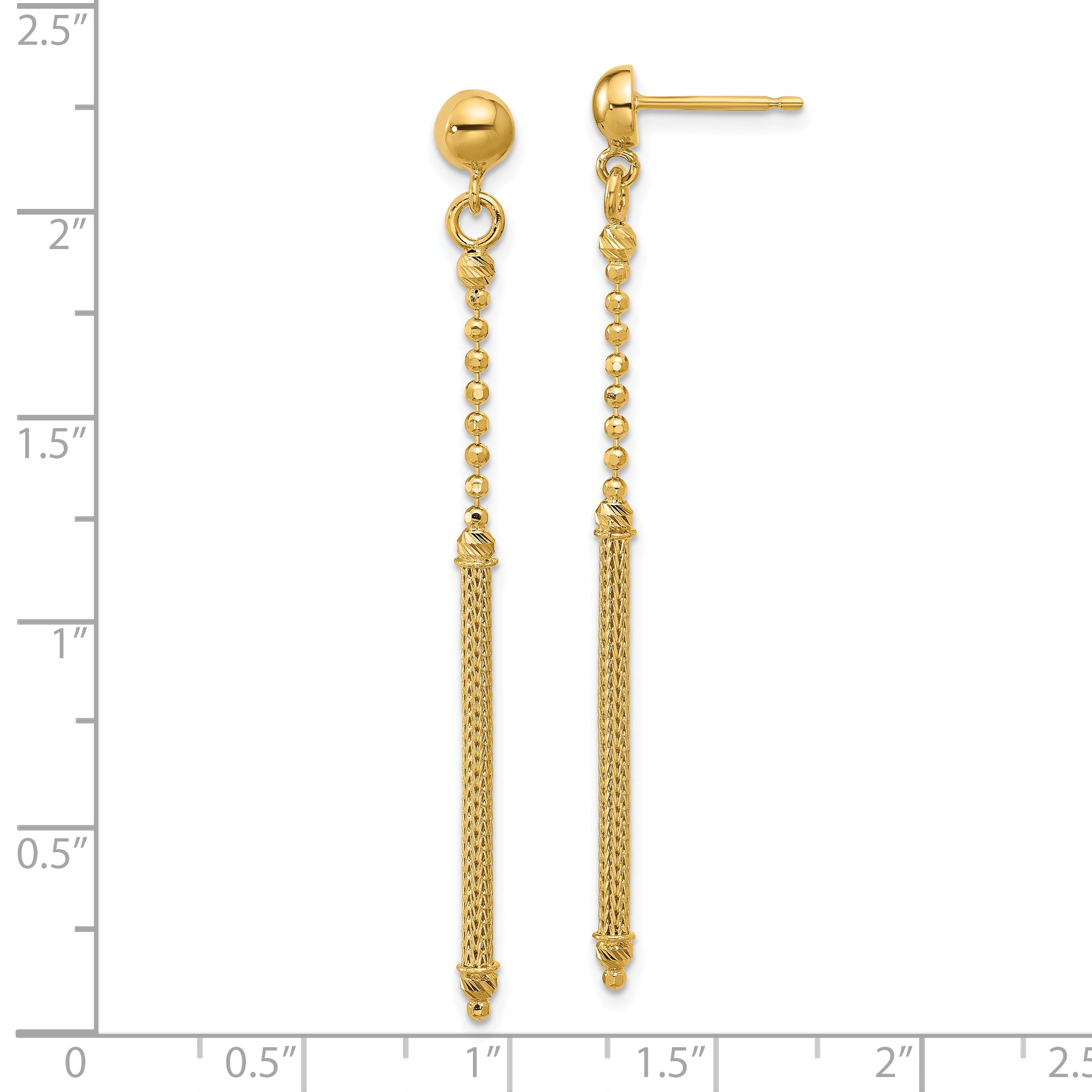 14K Polish/Texture/Dia-cut Bead w/Bar Dangle Post Earrings