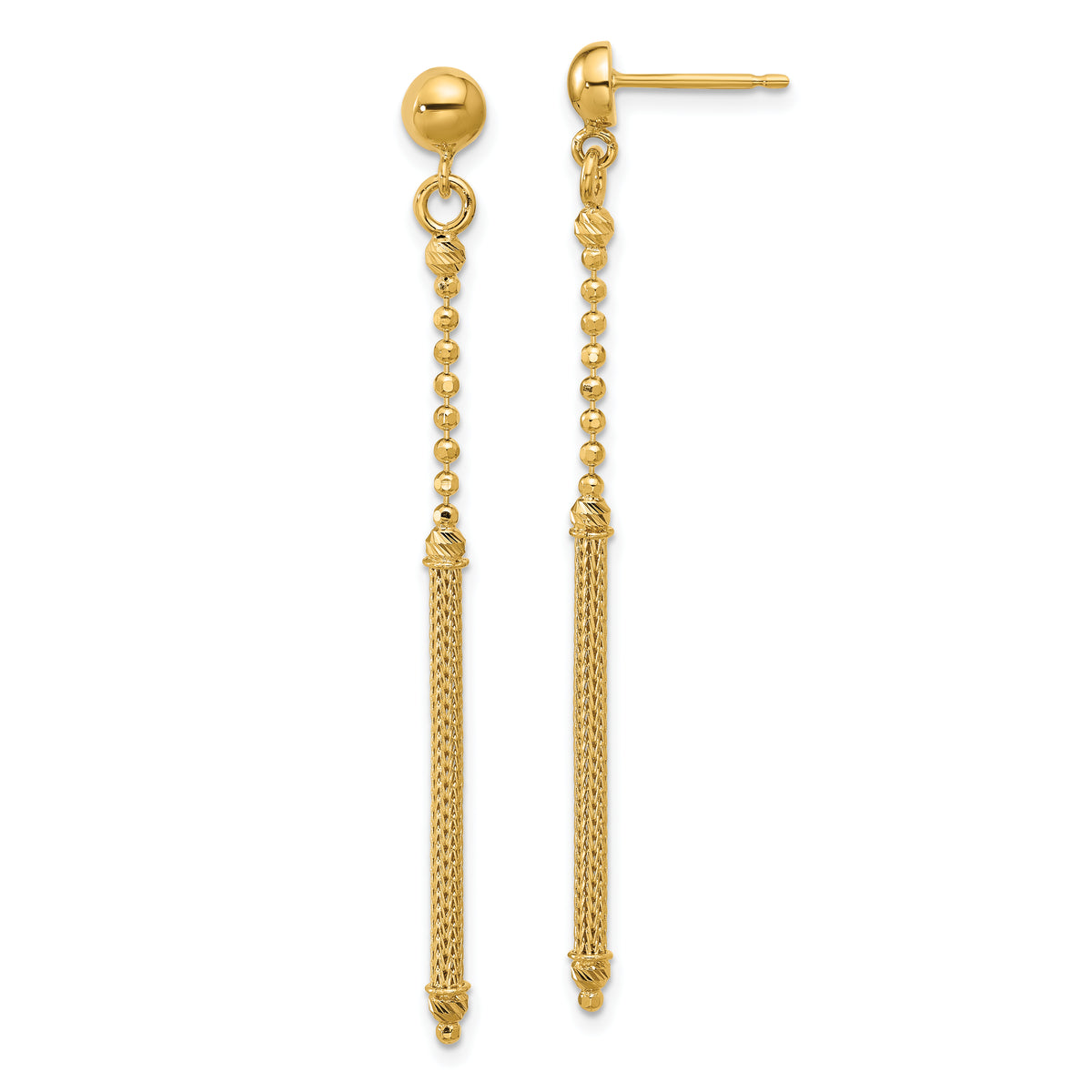14K Polish/Texture/Dia-cut Bead w/Bar Dangle Post Earrings