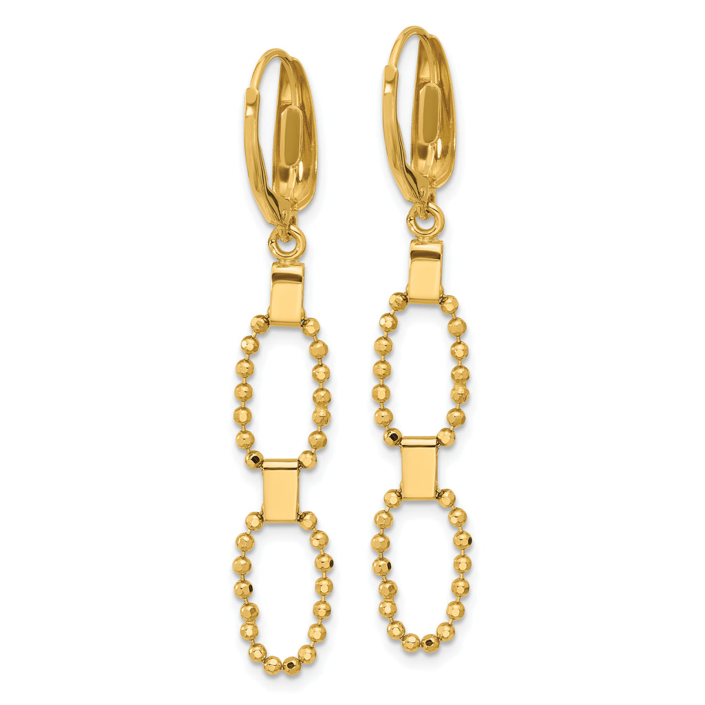 14K Polished/Dia-cut Beaded Link Dangle Leverback Earrings