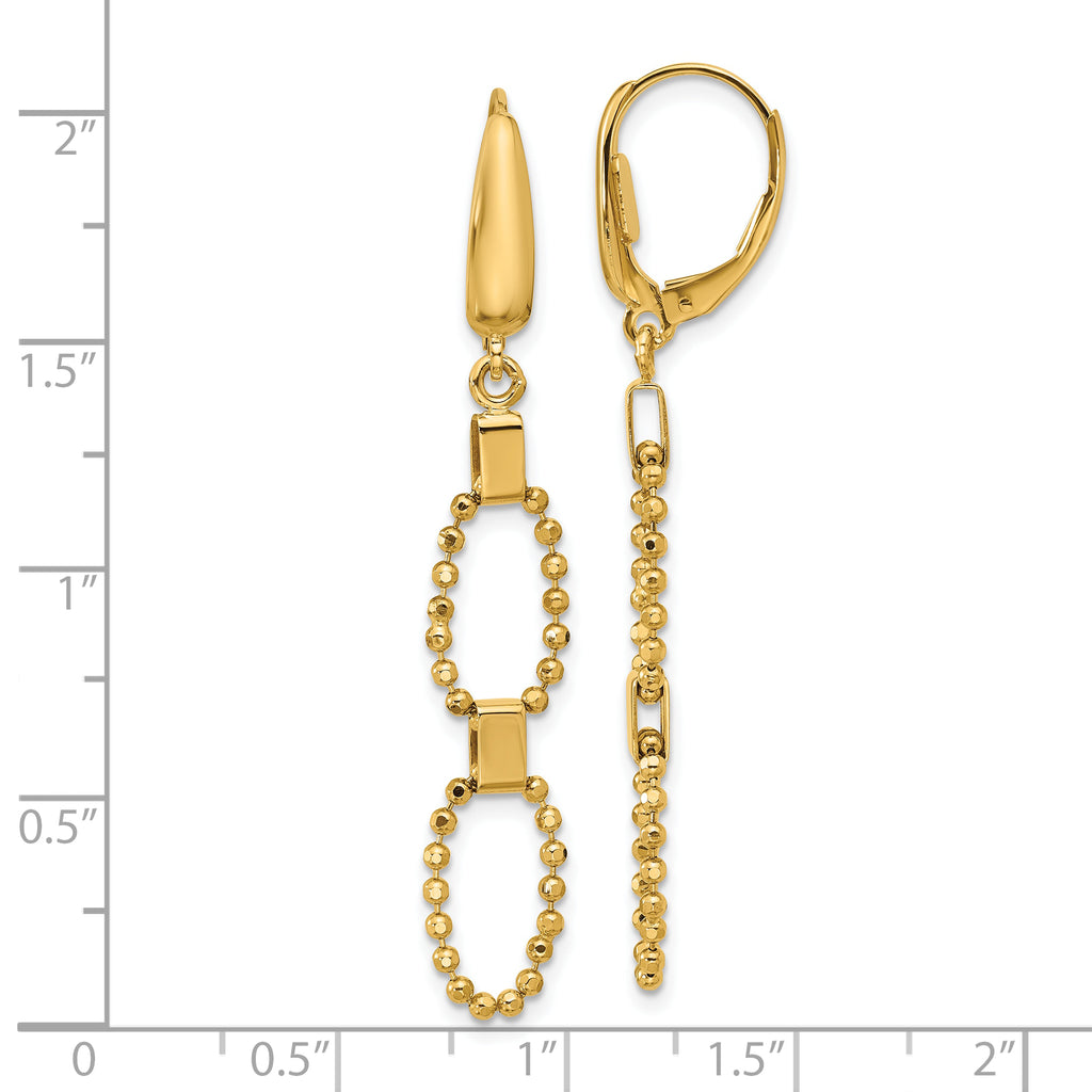 14K Polished/Dia-cut Beaded Link Dangle Leverback Earrings