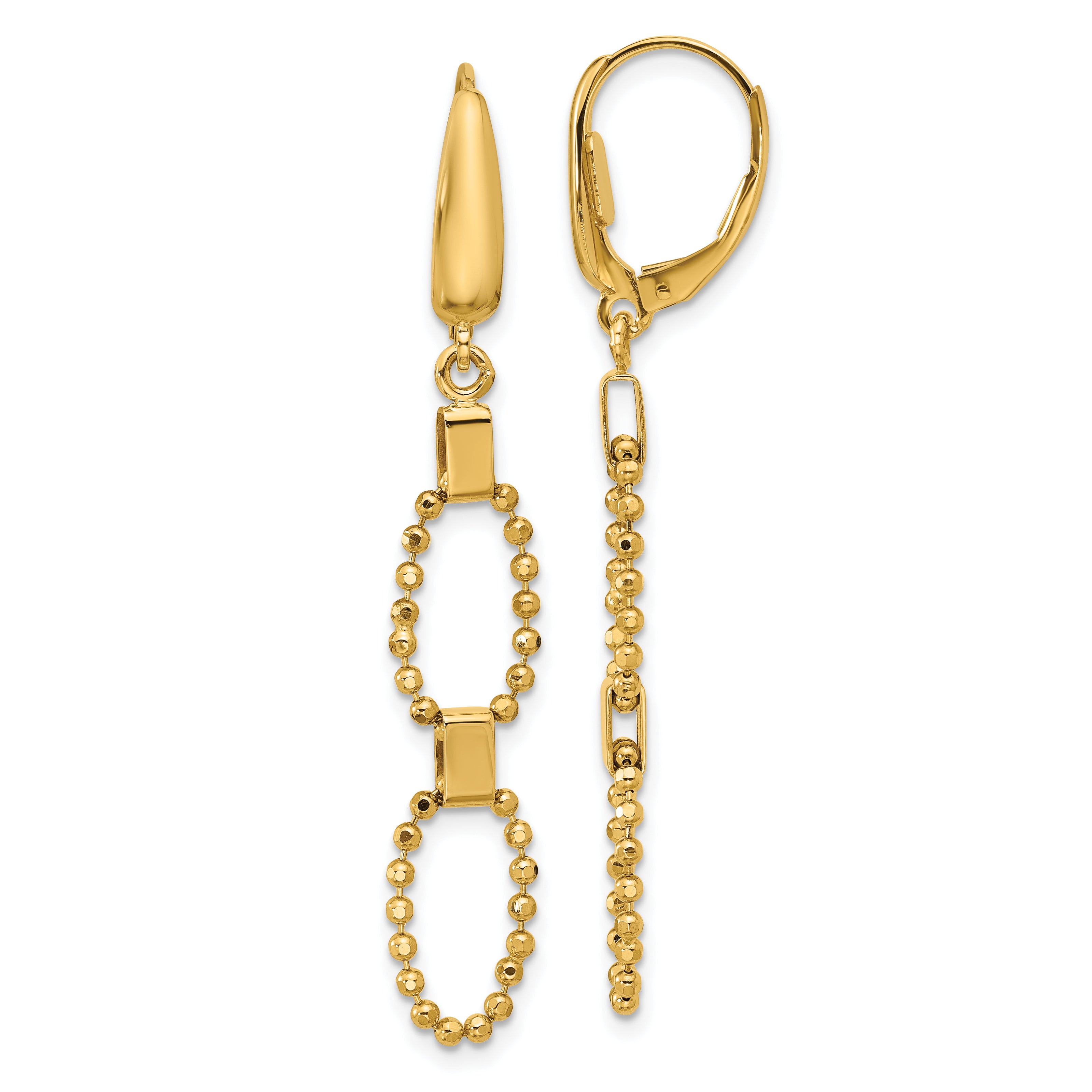 14K Polished/Dia-cut Beaded Link Dangle Leverback Earrings