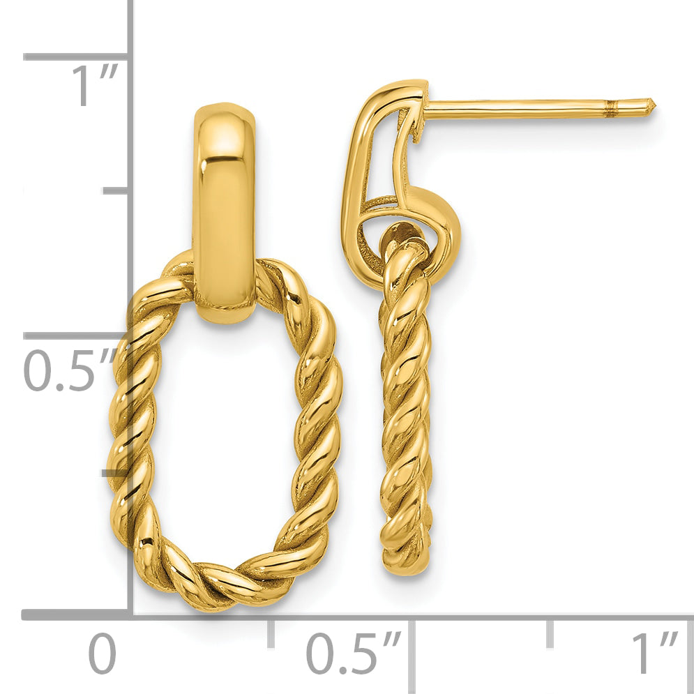 14K Polished and Twisted Oval Link Dangle Post Earrings