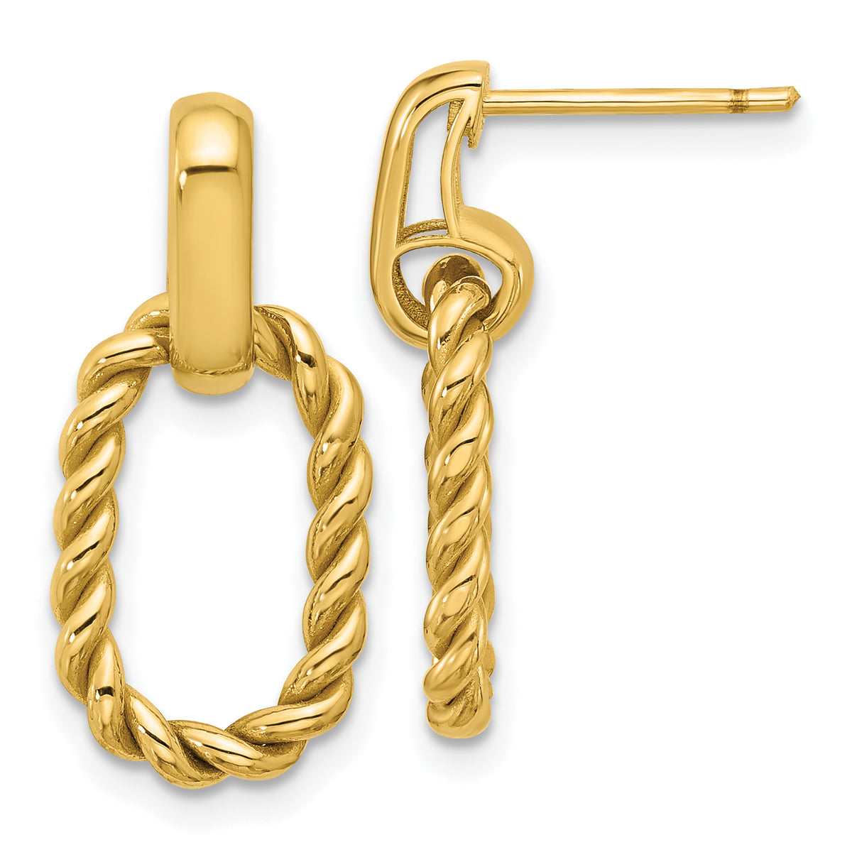 14K Polished and Twisted Oval Link Dangle Post Earrings