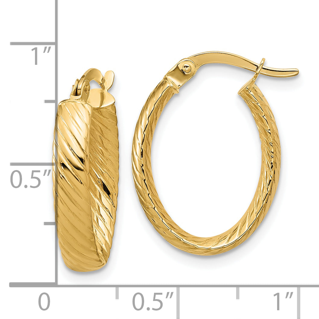 14K Polished and Grooved Oval Hoop Earrings