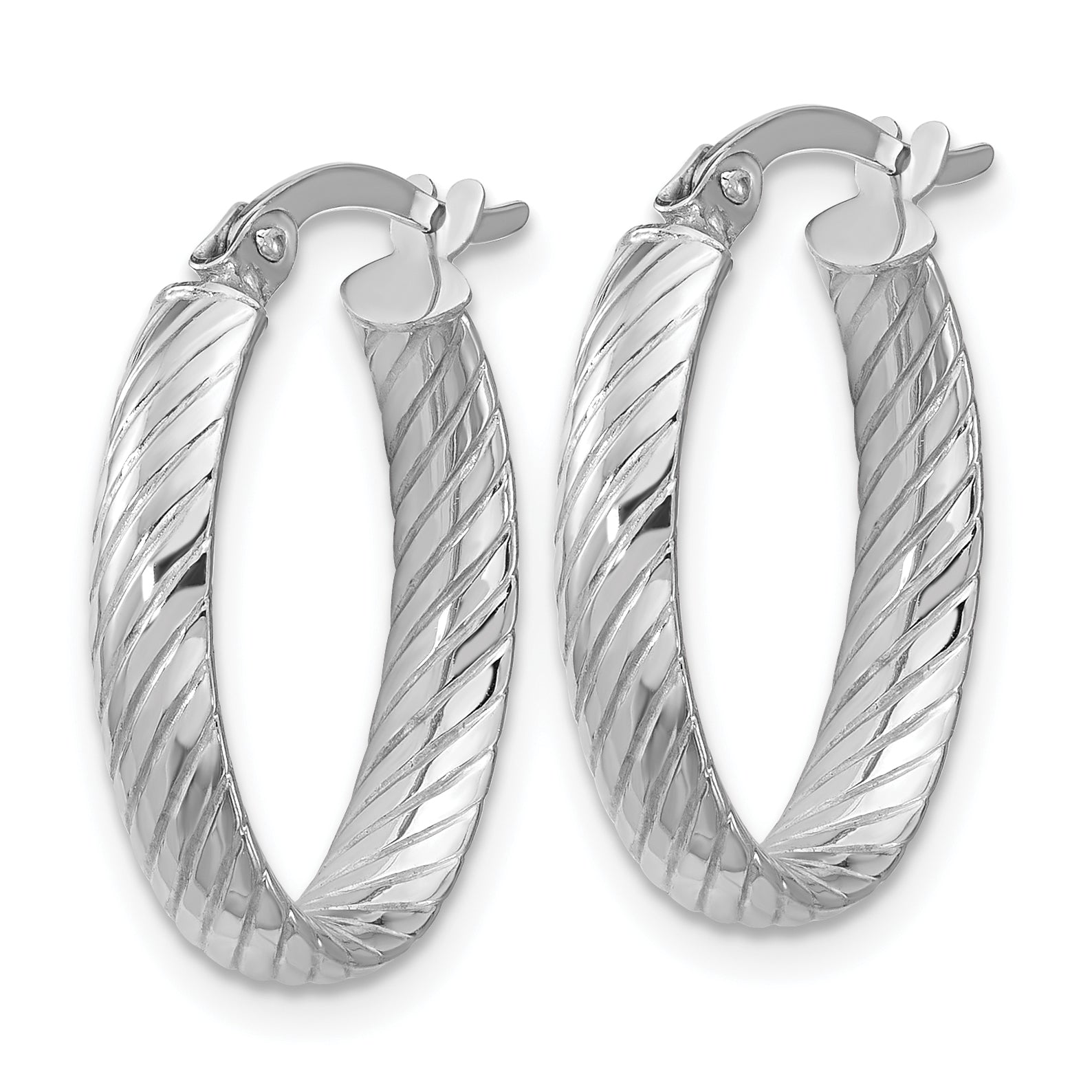 14K White Gold Polished and Grooved Oval Hoop Earrings