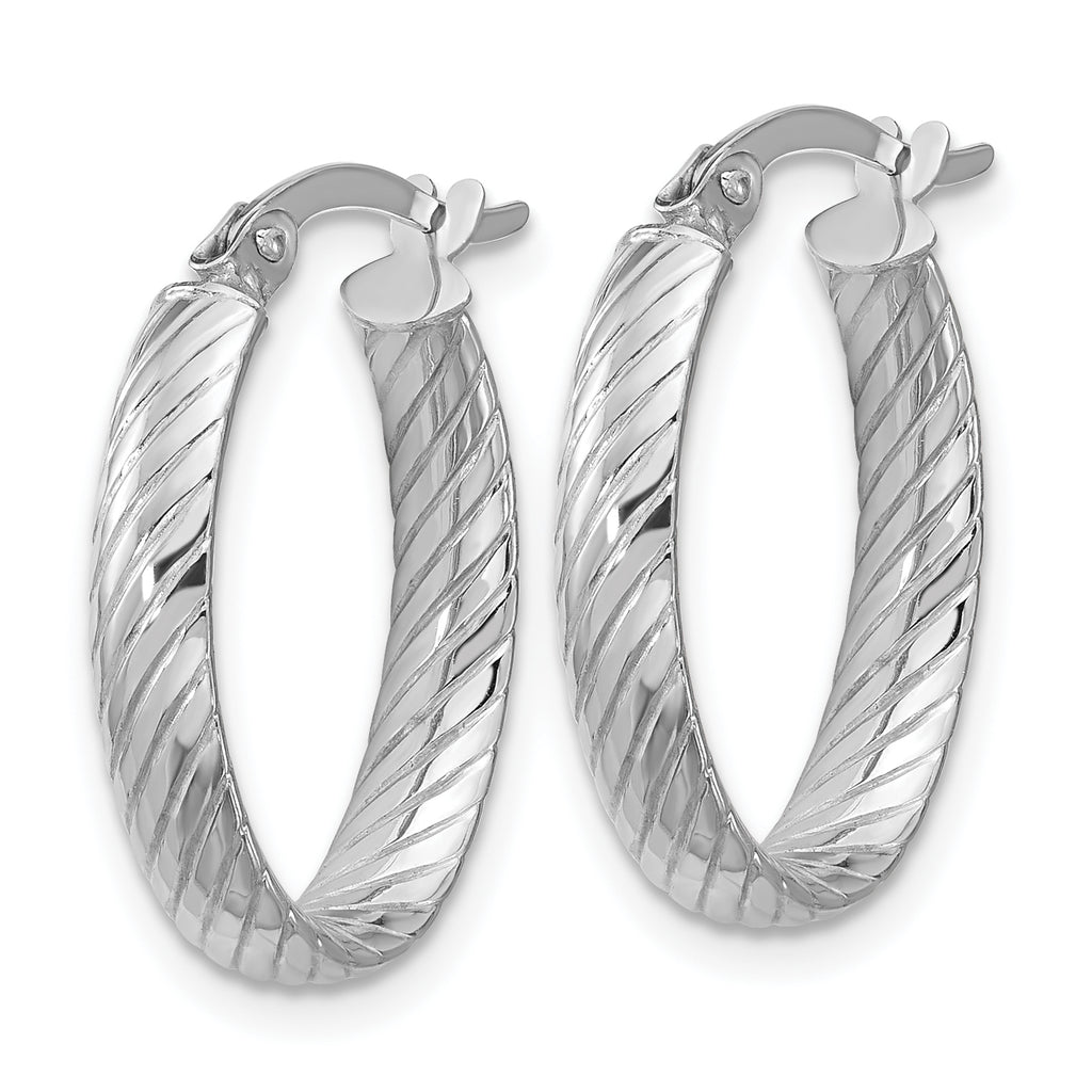 14K White Gold Polished and Grooved Oval Hoop Earrings