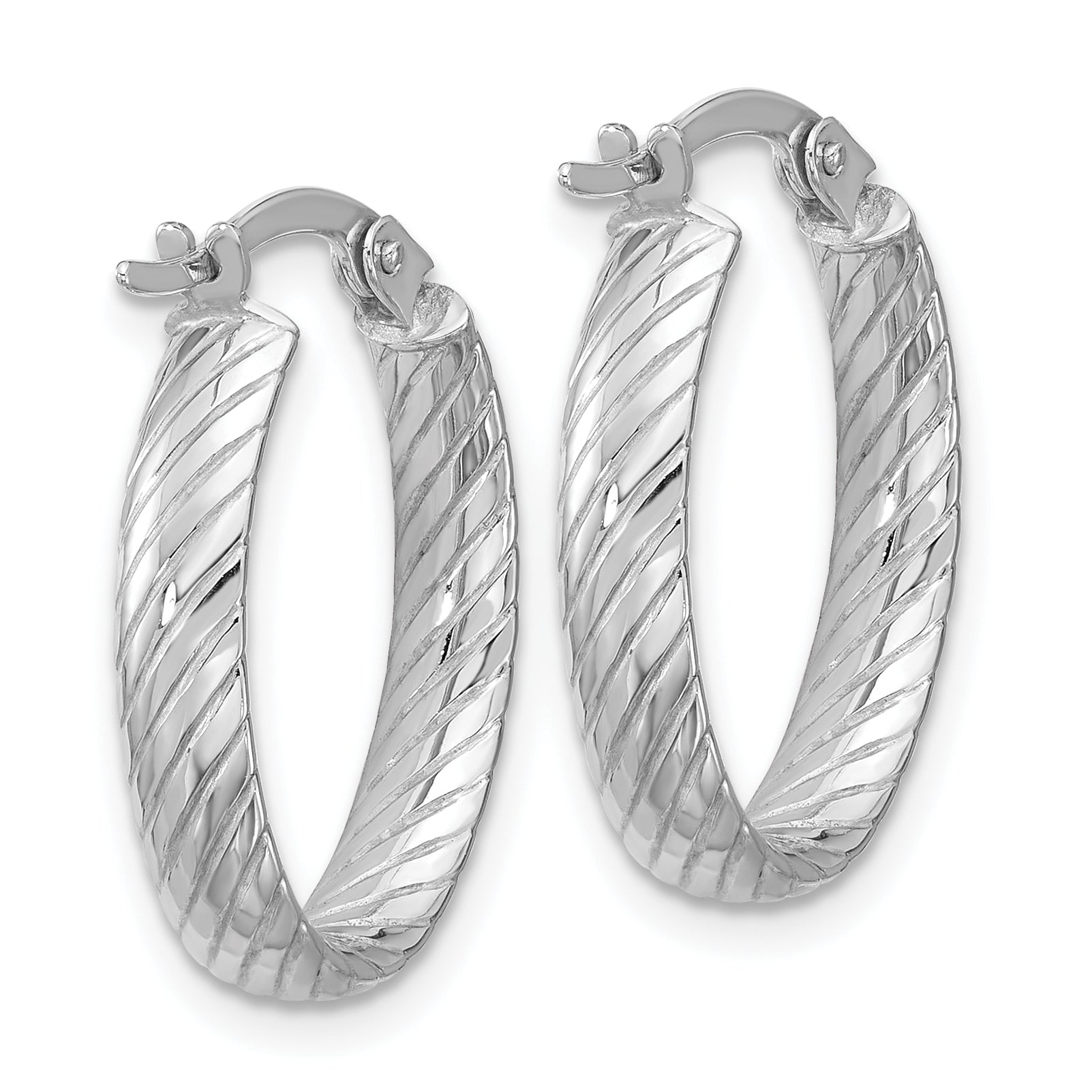 14K White Gold Polished and Grooved Oval Hoop Earrings