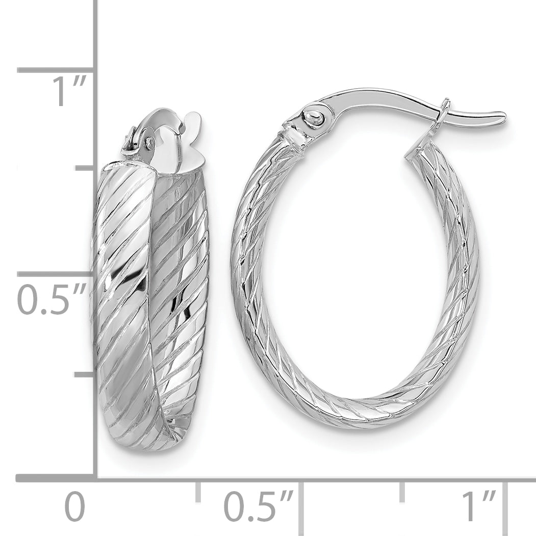 14K White Gold Polished and Grooved Oval Hoop Earrings
